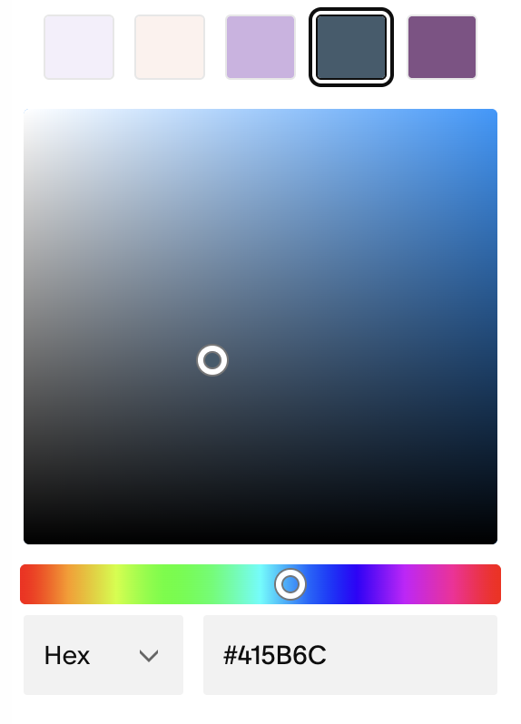 Color palette and a color selection tool displaying the hex code #415B6C, showing various shades of purple and blue.