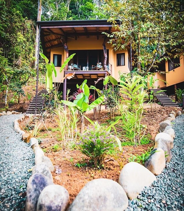 A house in a lush tropical garden with stairs on either side, surrounded by plants and rocks.
