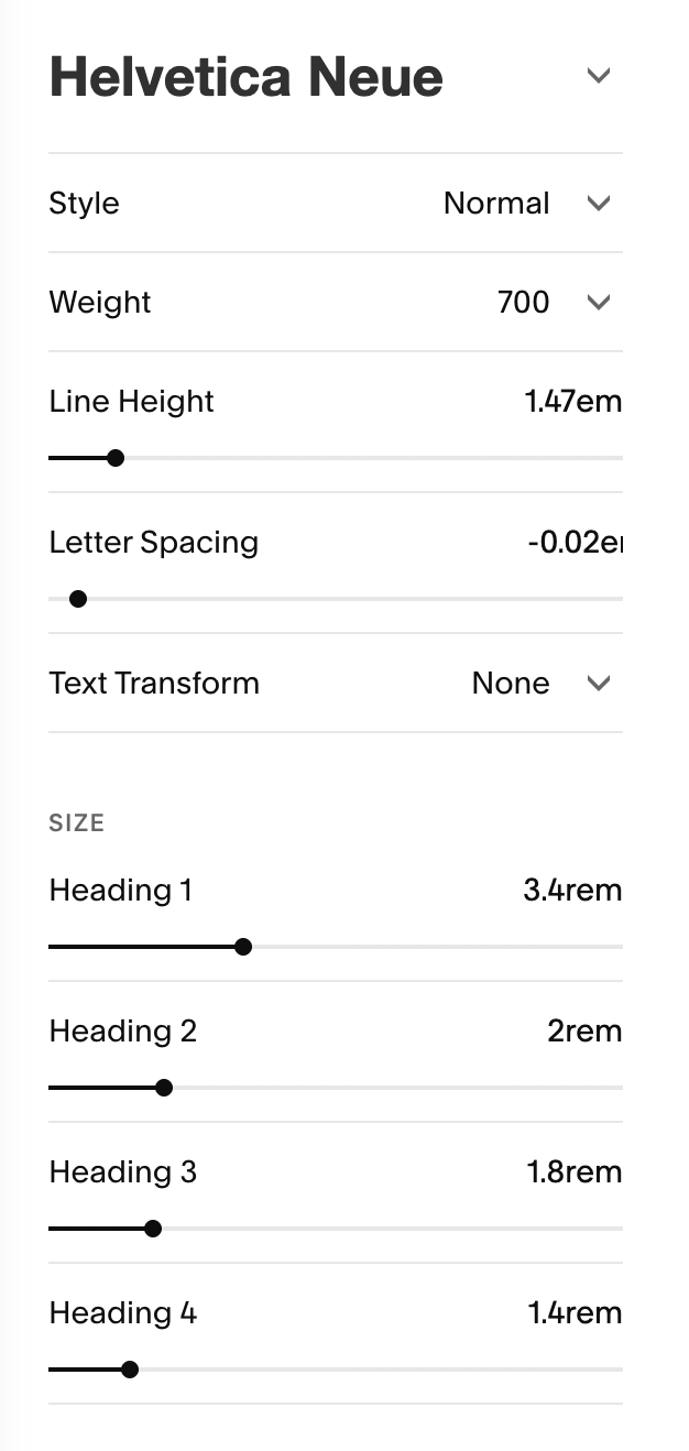 Screenshot of a font editing settings panel for Helvetica Neue, showing options for style, weight, line height, letter spacing, text transform, and different heading sizes with adjusted rem values.