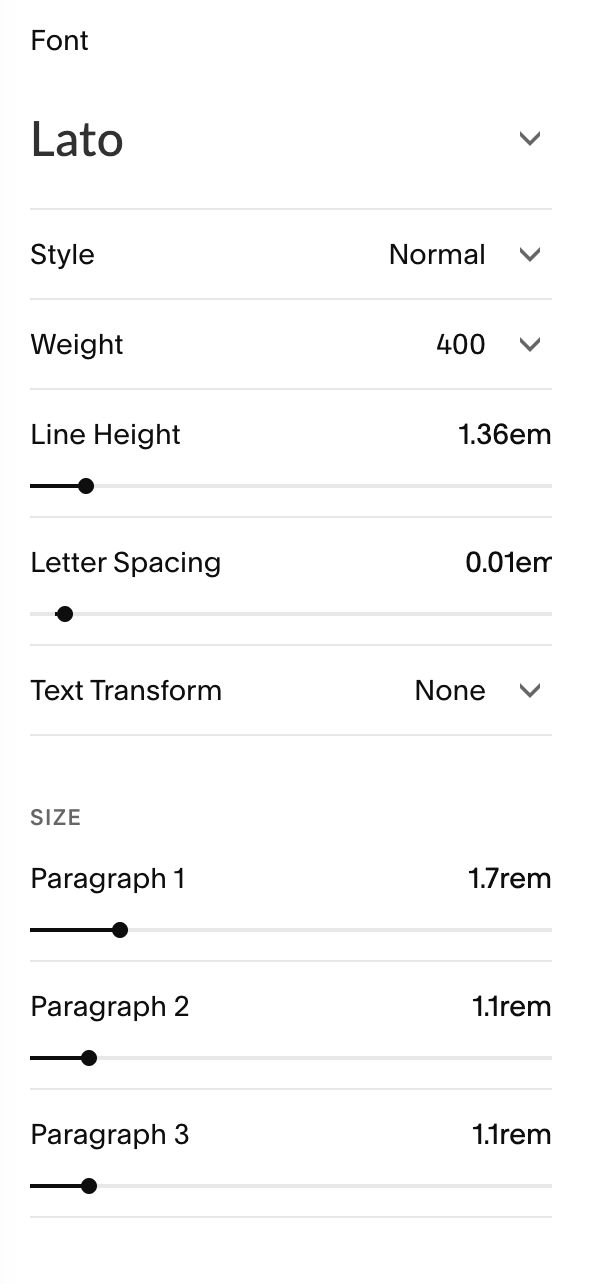 Screenshot of a font editing interface showing settings for a font named Lato, including style, weight, line height, letter spacing, and paragraph sizes.