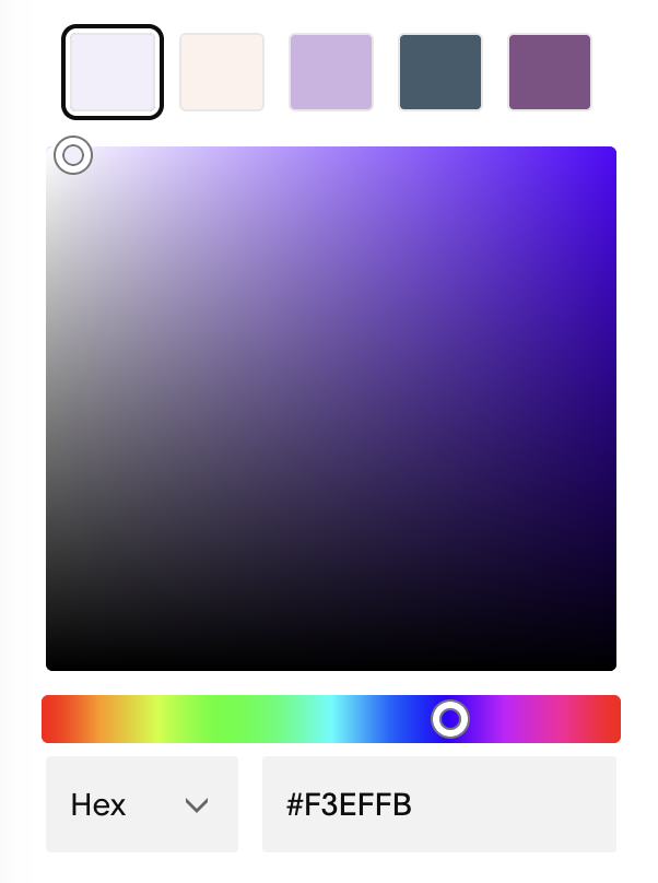 A color palette featuring five sample colors and a large color gradient box. The colors from left to right are white, beige, lavender, dark teal, and purple. The selected color in the gradient is a shade of blue with the hex code #F3EFFB.