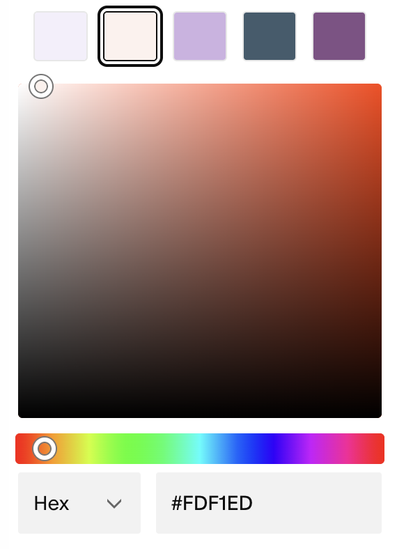 Color palette with five swatches: light purple, beige, lavender, dark teal, purple, and a color selection with a violet hue in a color picker.