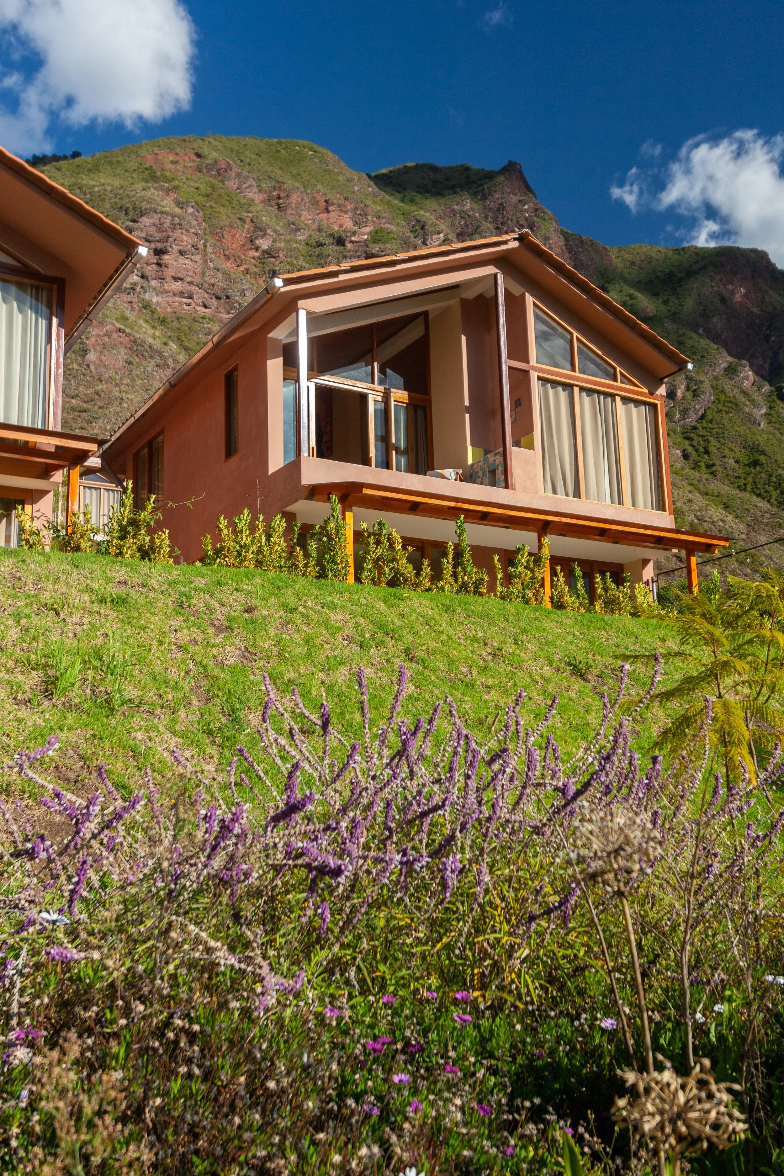 A 2-story house sits on top of a green hill covered in purple flowers. The house has lots of windows and an open balcony area.