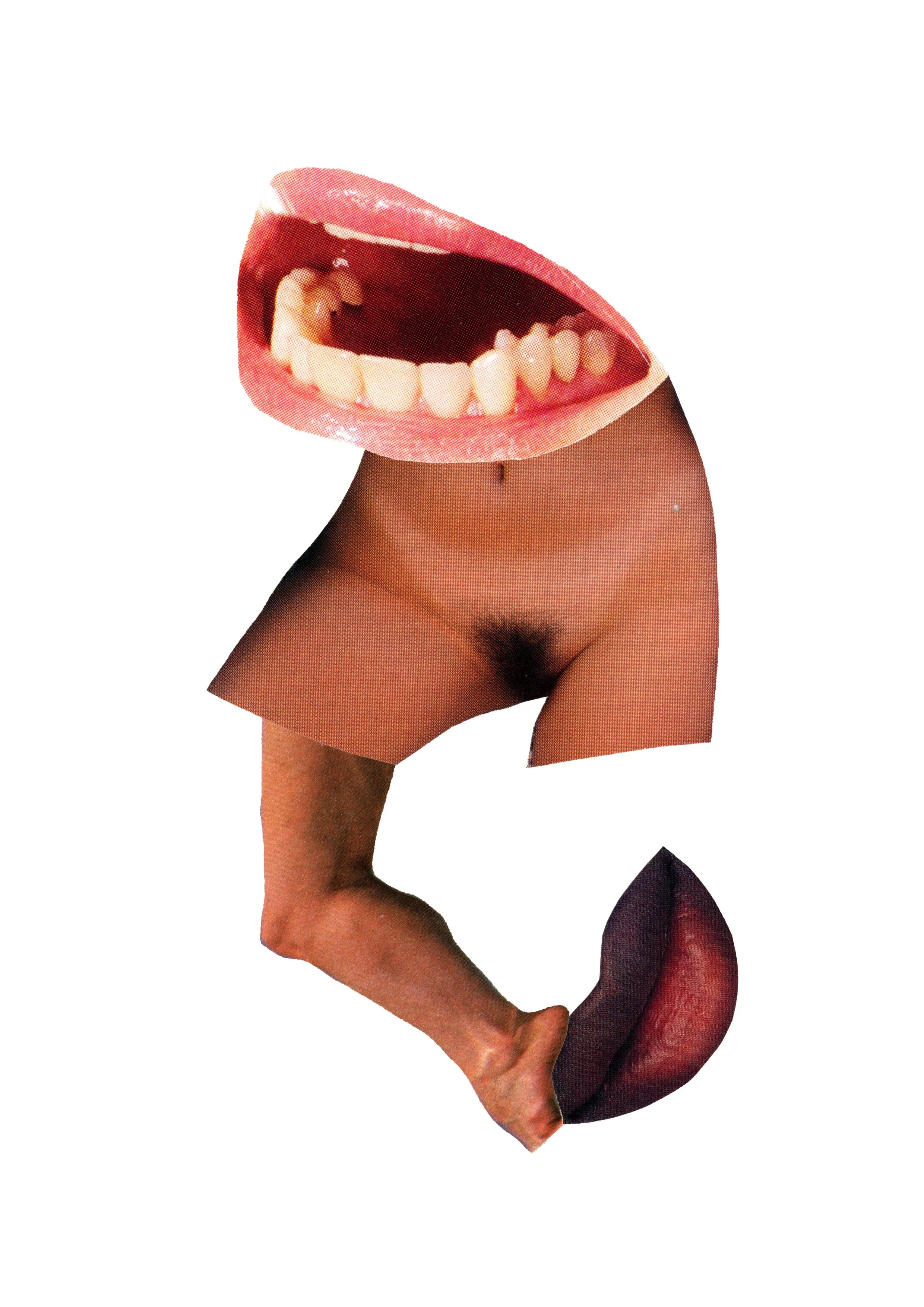 Collage of human body parts with an open mouth, tongue, lips, a torso, an arm, a hand, a leg, a foot, and an eye.