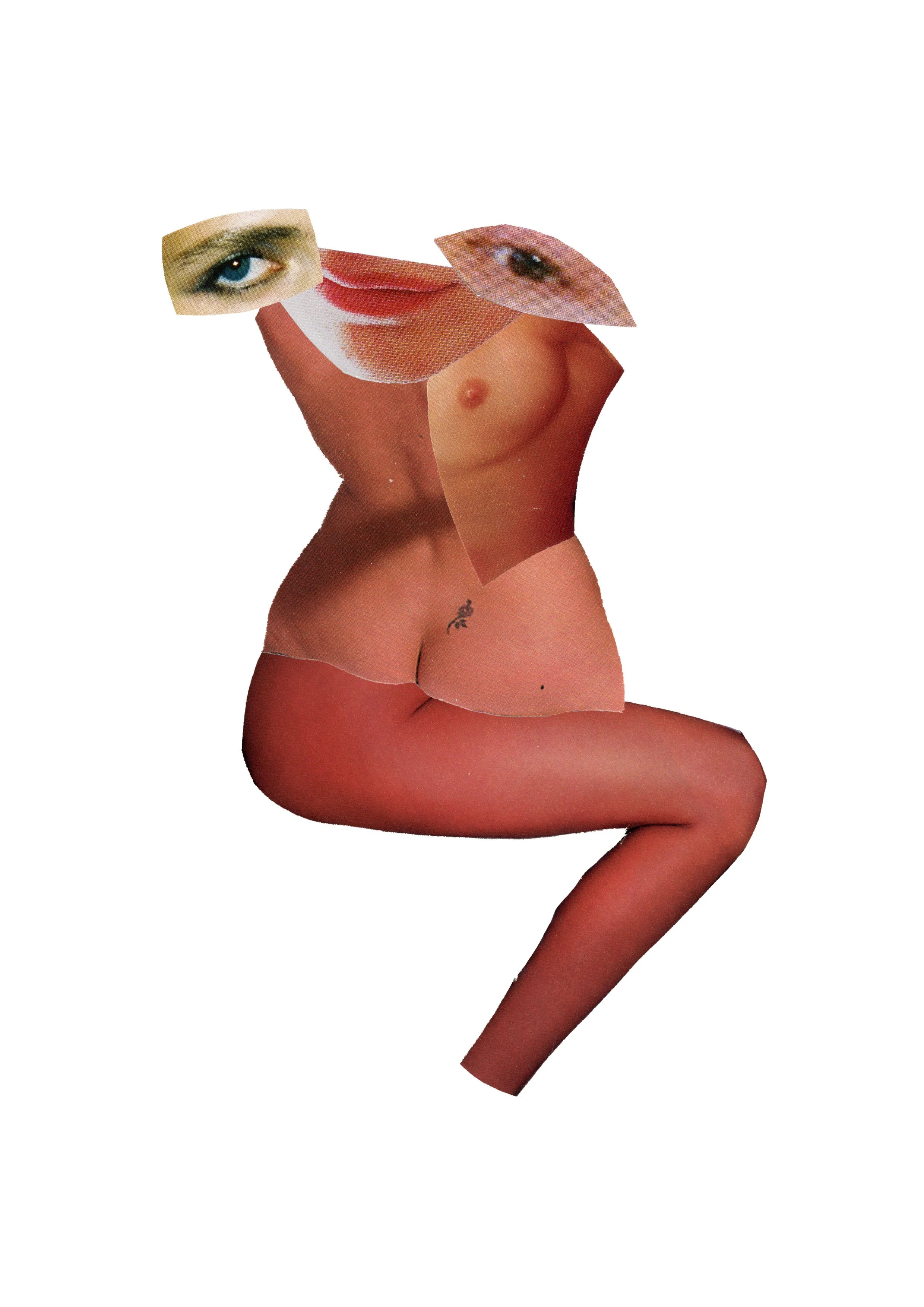 Collage of various human body parts including eyes, lips, navel, and limbs arranged in an abstract composition.