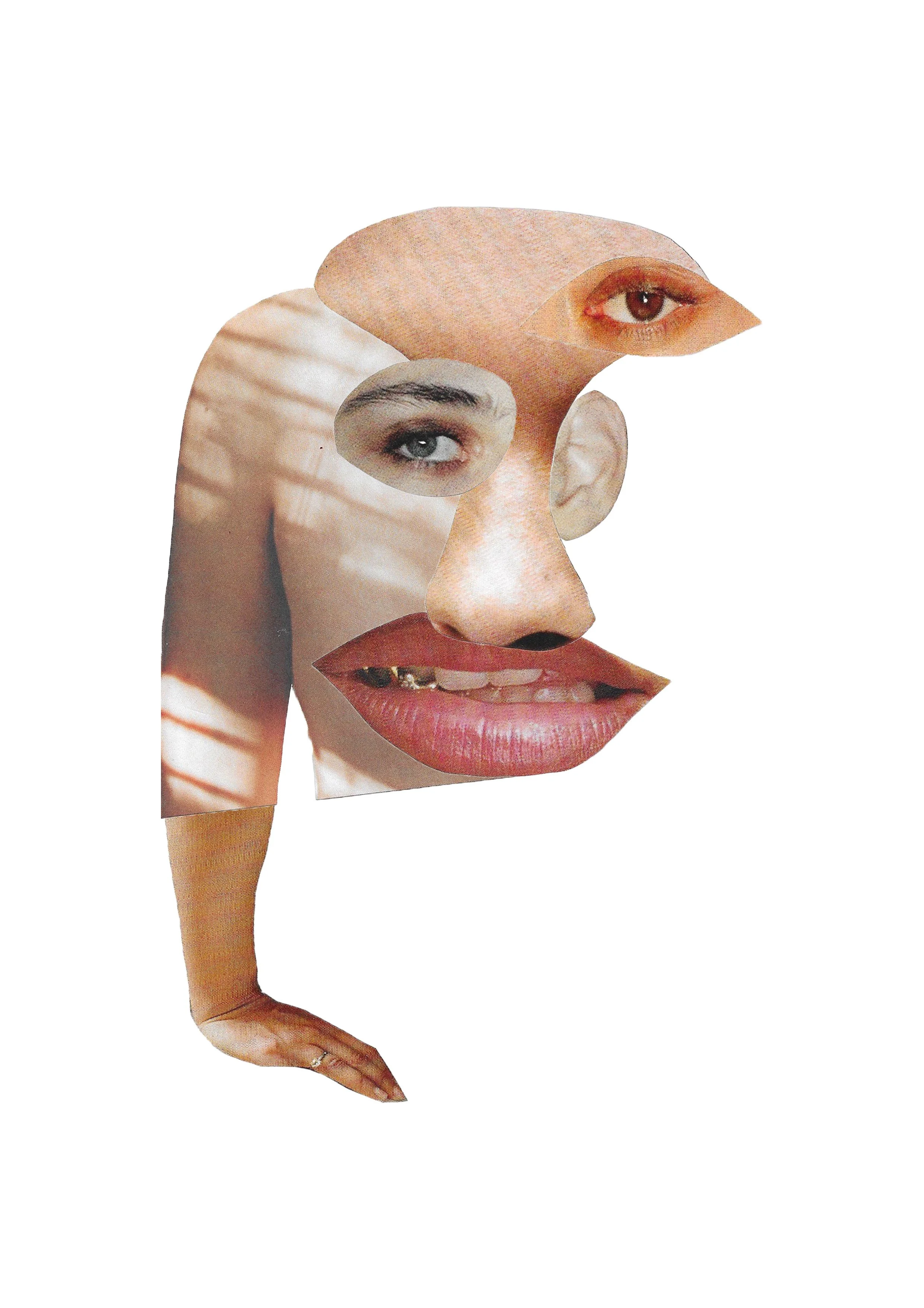 A collage of human eyes, mouth, nose, and hand arranged into a face, with a white background.