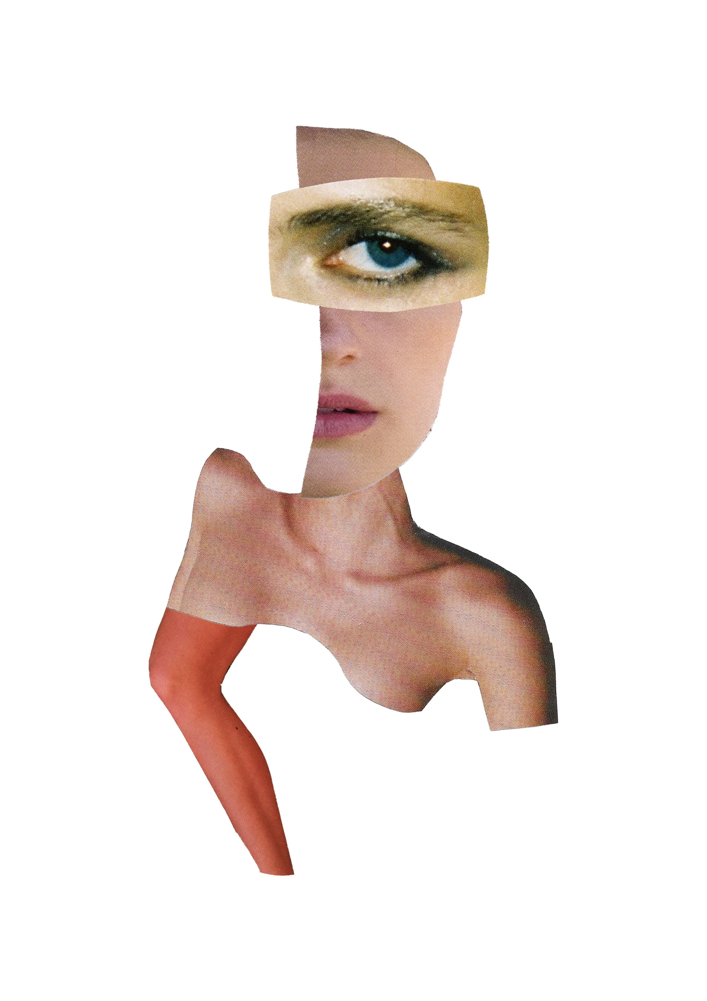 Collage of a human face with an eye, a mouth, and a partial arm, assembled in a surreal, fragmented style.