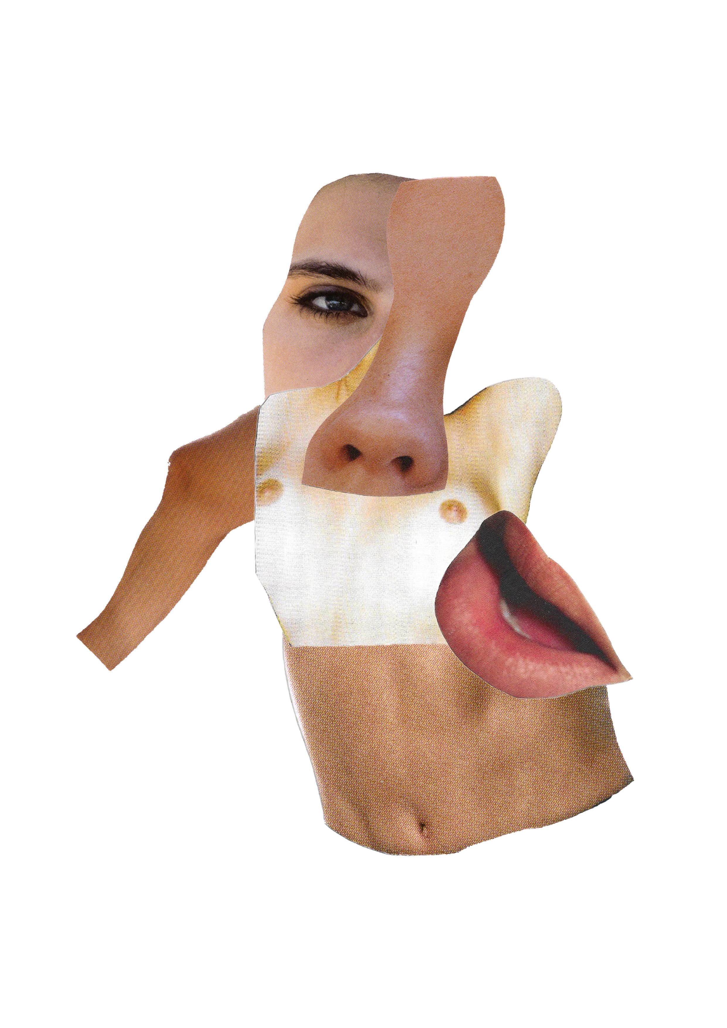A collage of human body parts, including a face with an eye, a nose, a mouth, and a hand, assembled in a surreal manner.