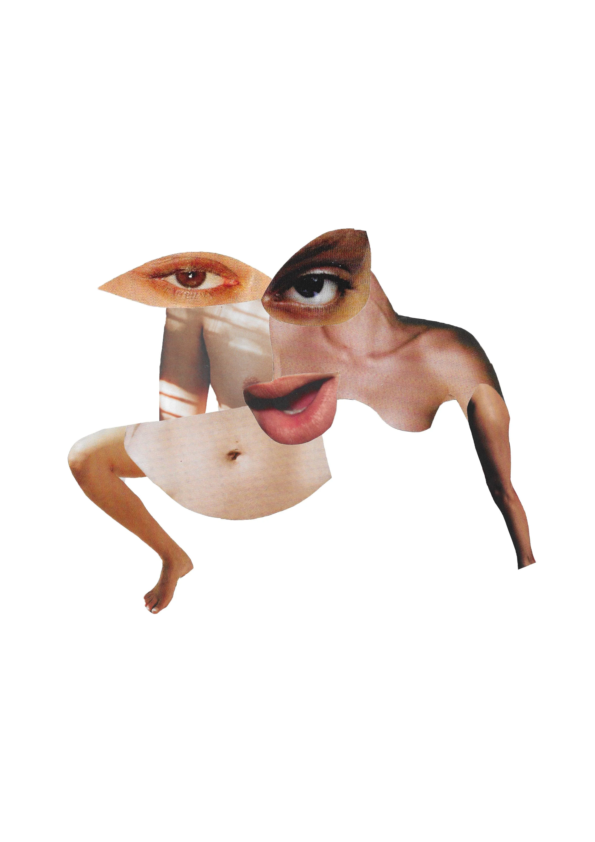 Collage of a woman with body parts replaced by cutouts of eyes, lips, and one arm, creating a surreal human figure.