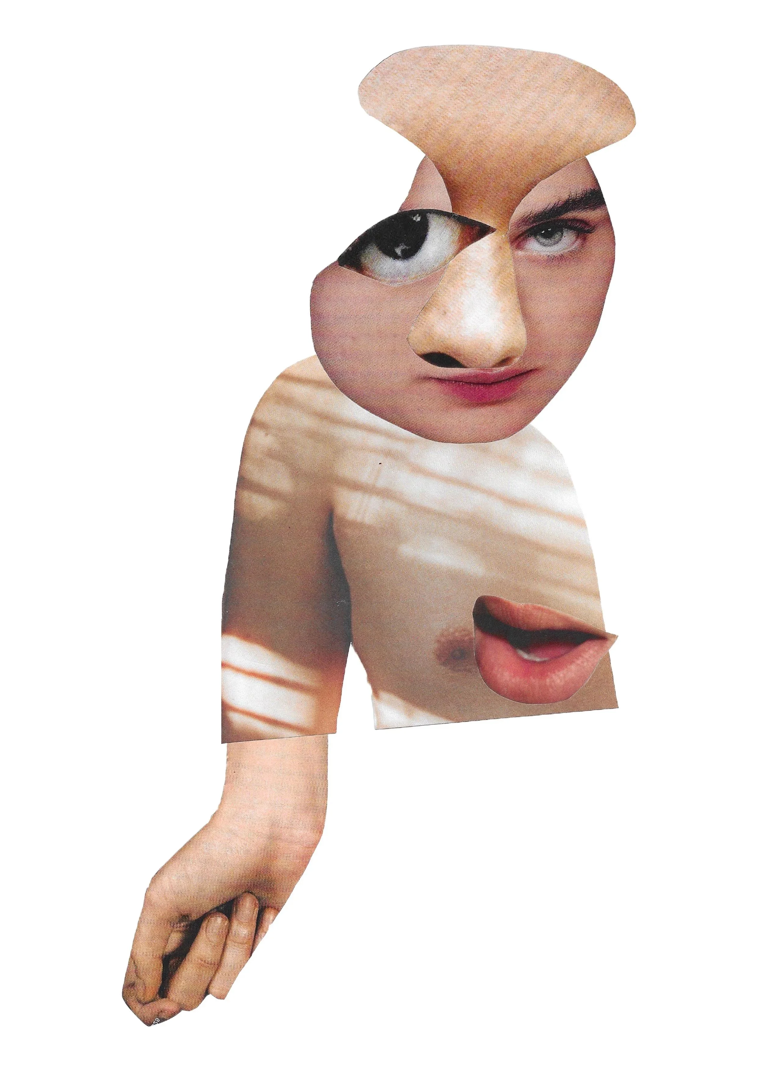 Collage of human facial features and limbs assembled in an abstract composition.