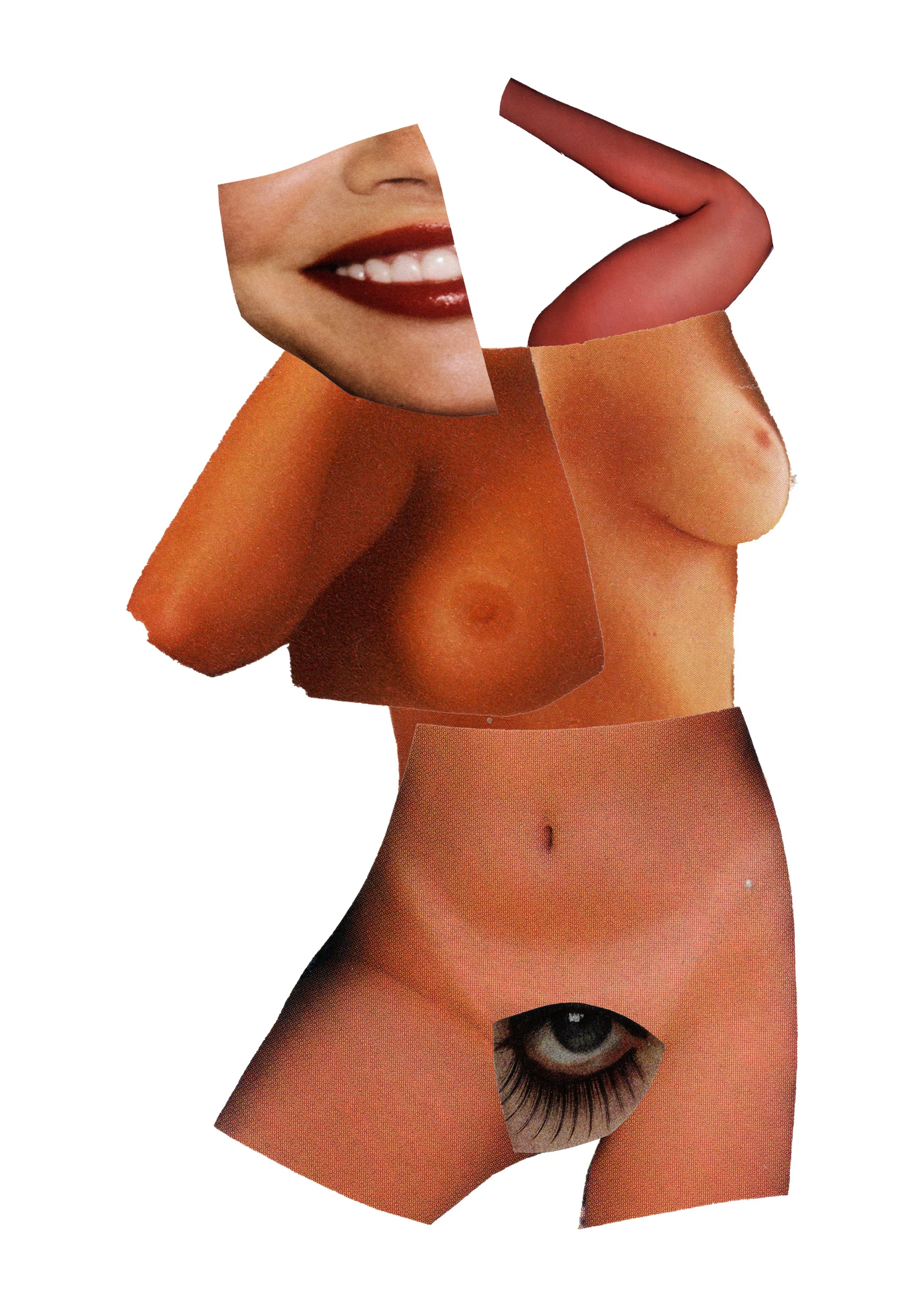 Collage of human facial features, lips, and a torso, arranged with torn paper edges