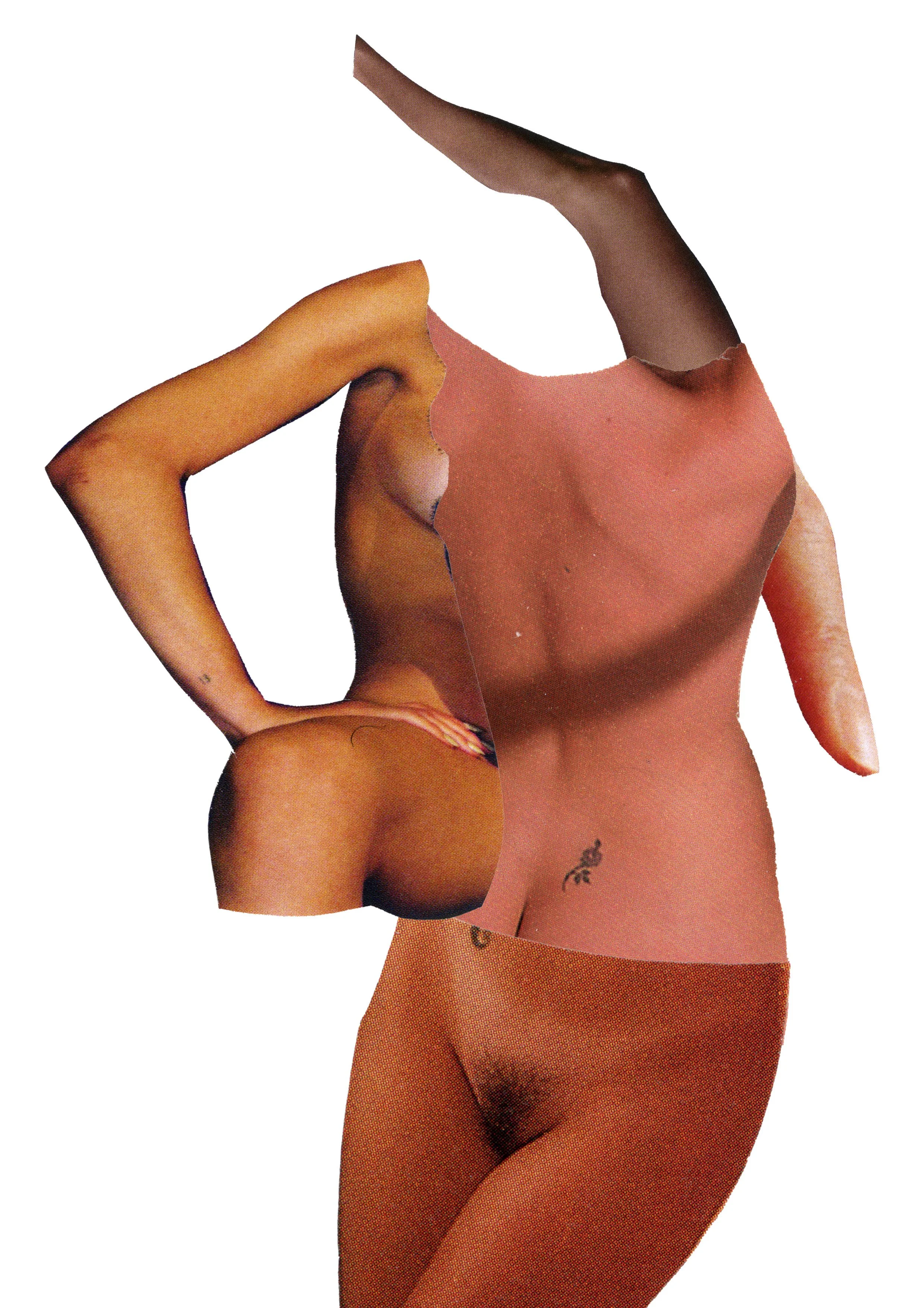 Collage of a woman's body made from cut-out sections of photographs, featuring parts of her arm, shoulder, and torso against a white background.