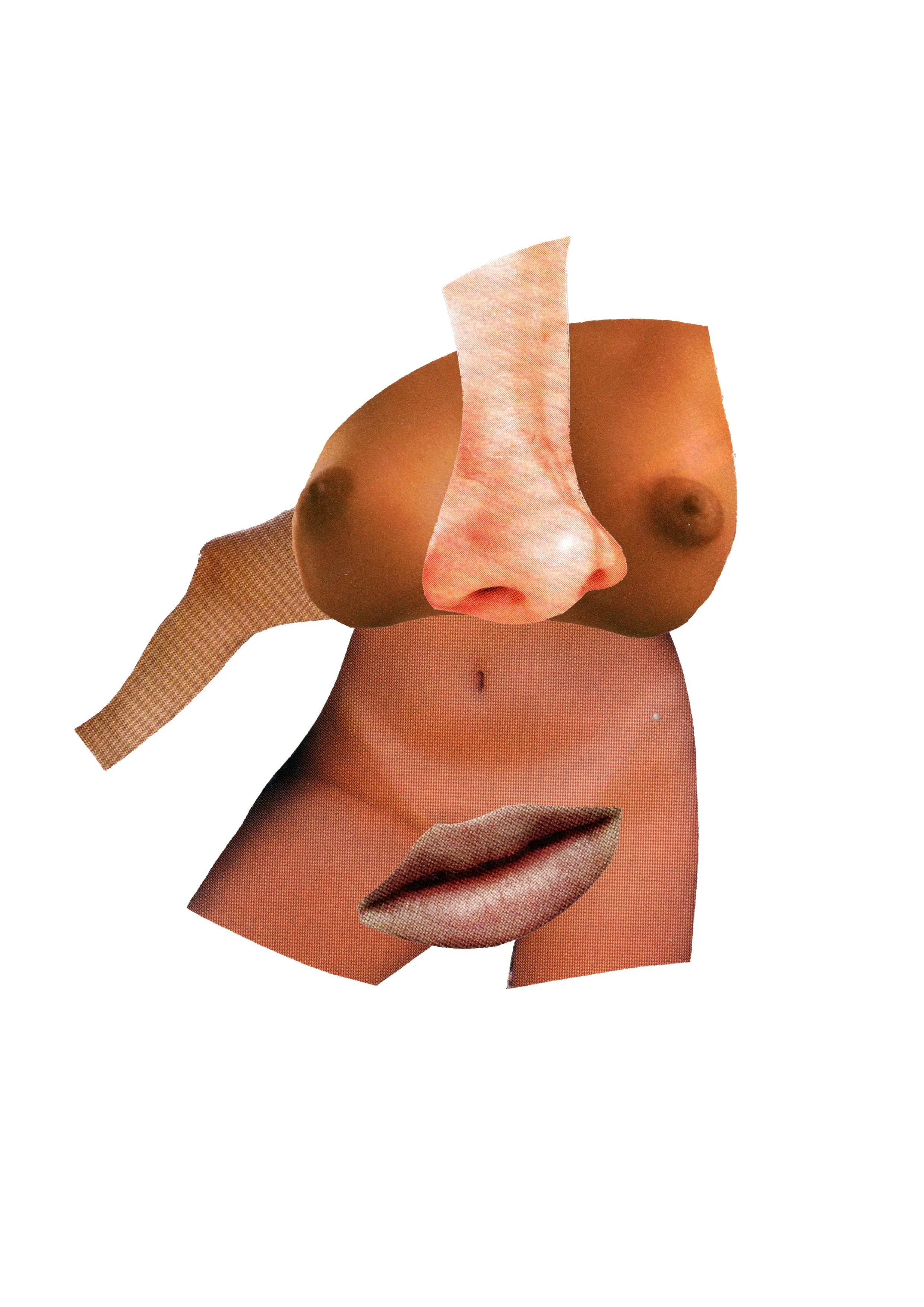 Collage of various human body parts including face, lips, hands, and torso, arranged in a surreal, abstract manner.