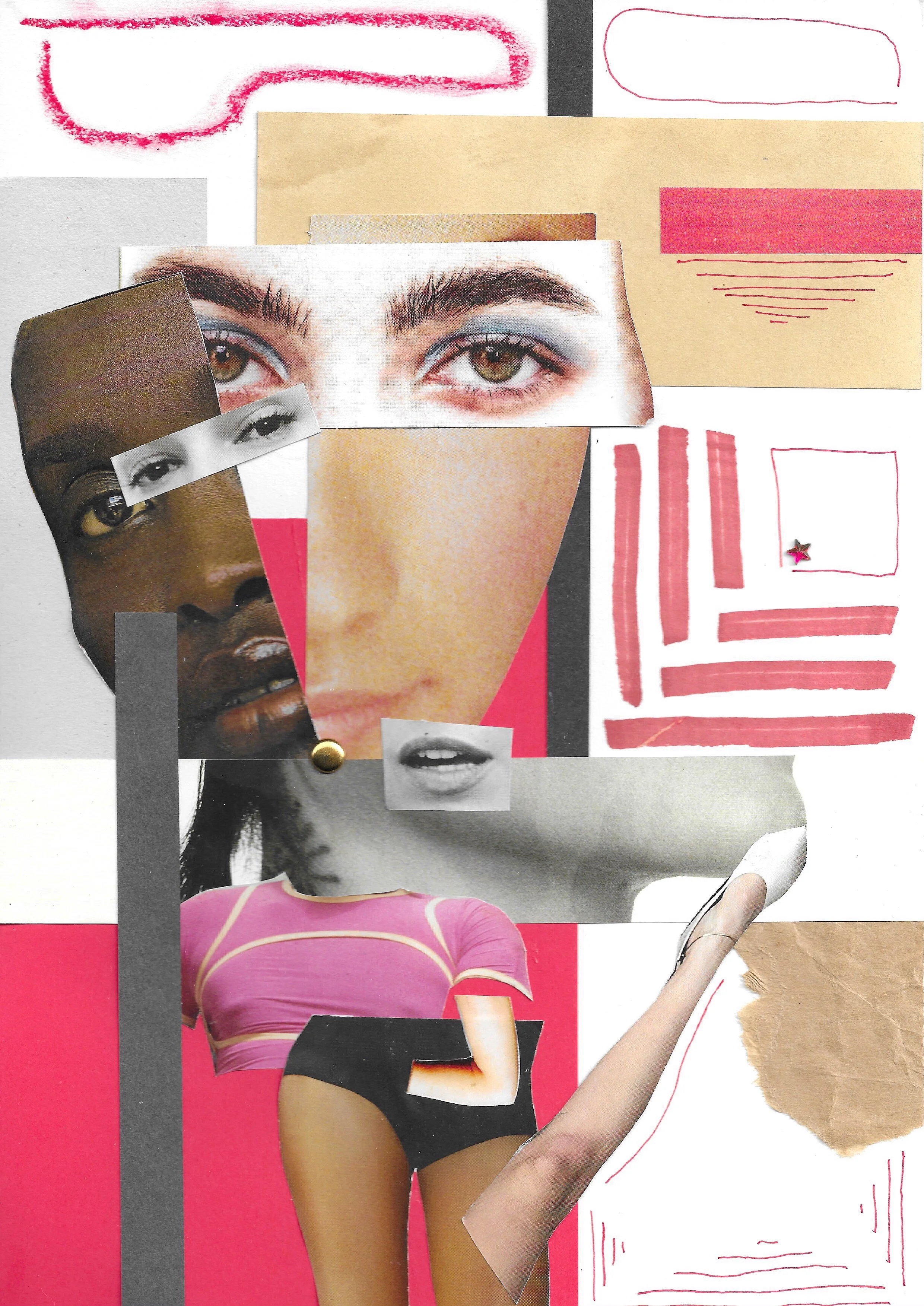 Collage of cutout magazine photos of various faces, including eyes, lips, and skin tone, arranged with pink, black, and beige background elements and hand-drawn lines and shapes.