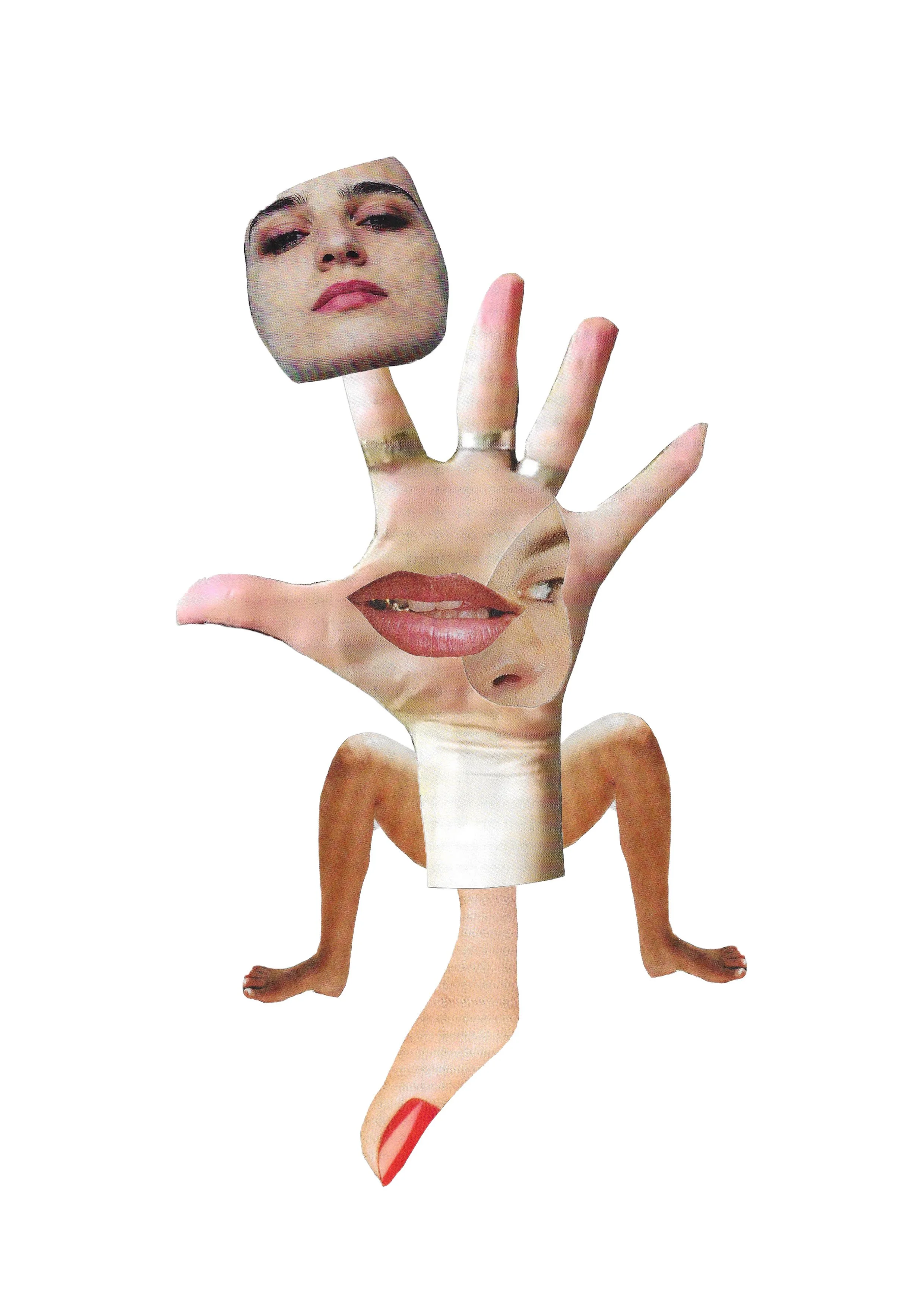 Collage of human body parts with faces, lips, and a hand making a peace sign on a white background.