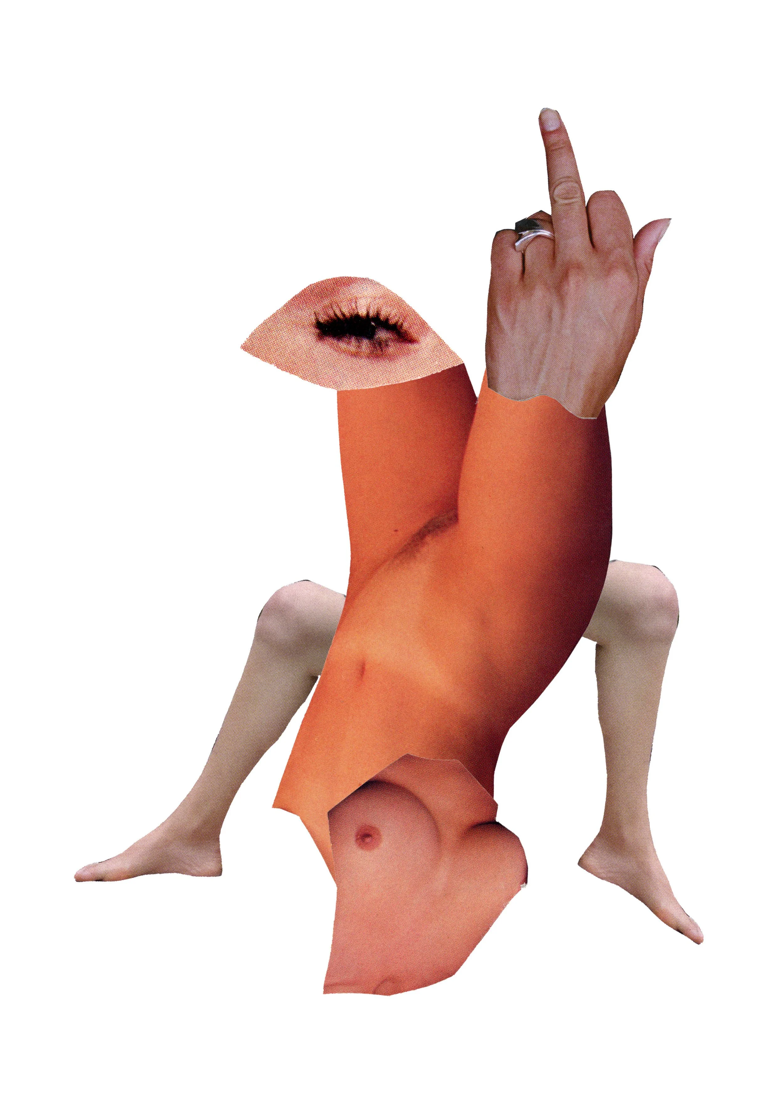 Collage of human body parts, including face, eye, lips, arm, hand with finger pointing up, torso, and feet, assembled in an abstract arrangement.