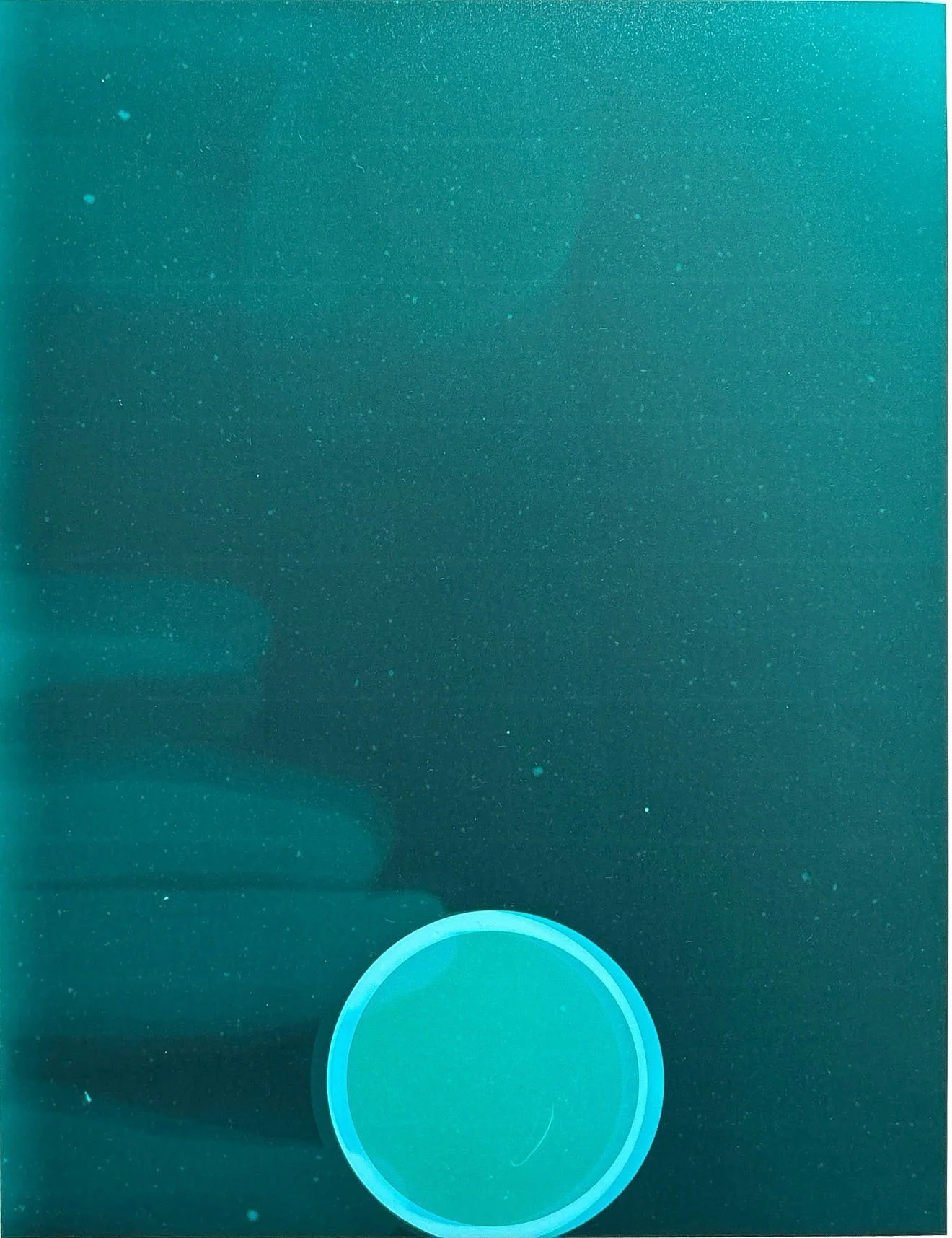 A teal smartphone screen shows a circular call button at the bottom, with a faint abstract background of dots and a gradient.