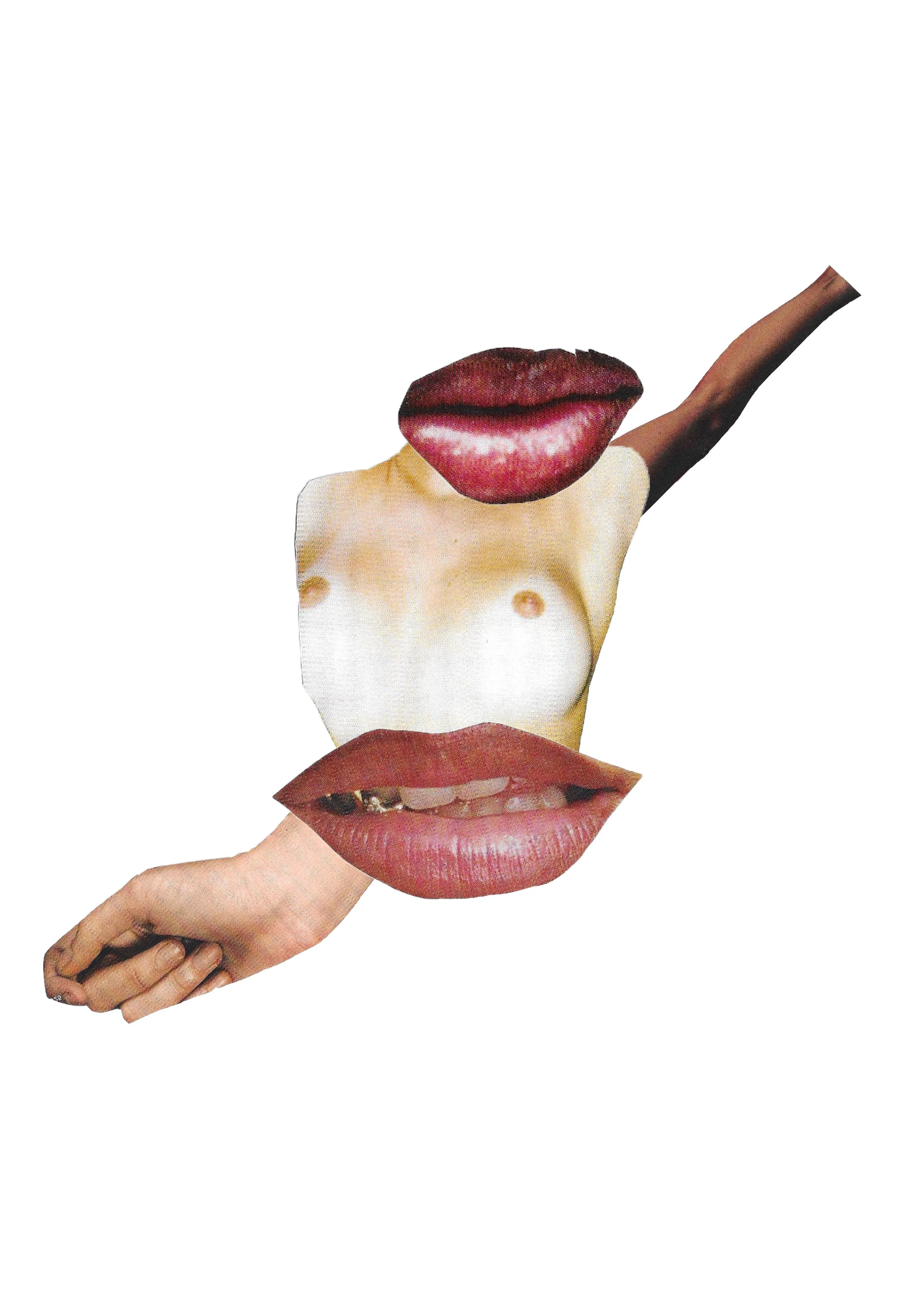 Collage of various human body parts including lips, tongue, hand, ear, and nose with lips and tongue replaced by large lips and tongue, on a plain white background.
