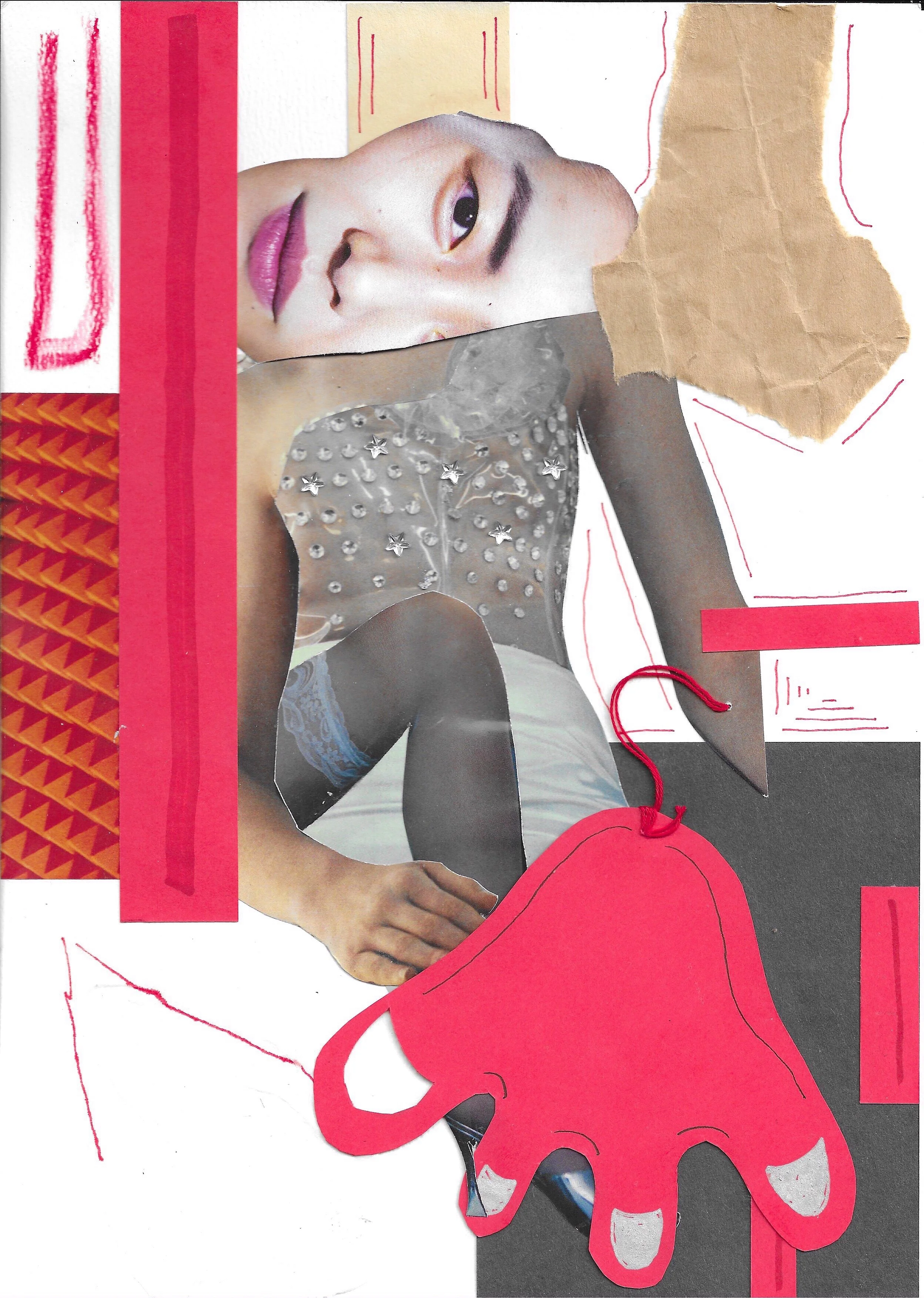 A collage of cut-out images, drawings, and paper textures including a woman's face, patterned paper, and red illustrated elements.