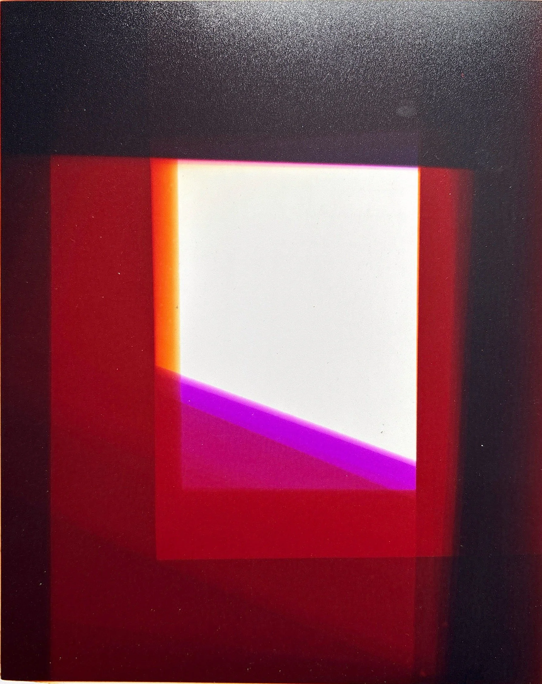 An abstract digital art piece featuring a large white screen with a colorful border in red, orange, pink, and purple, set against a black background.