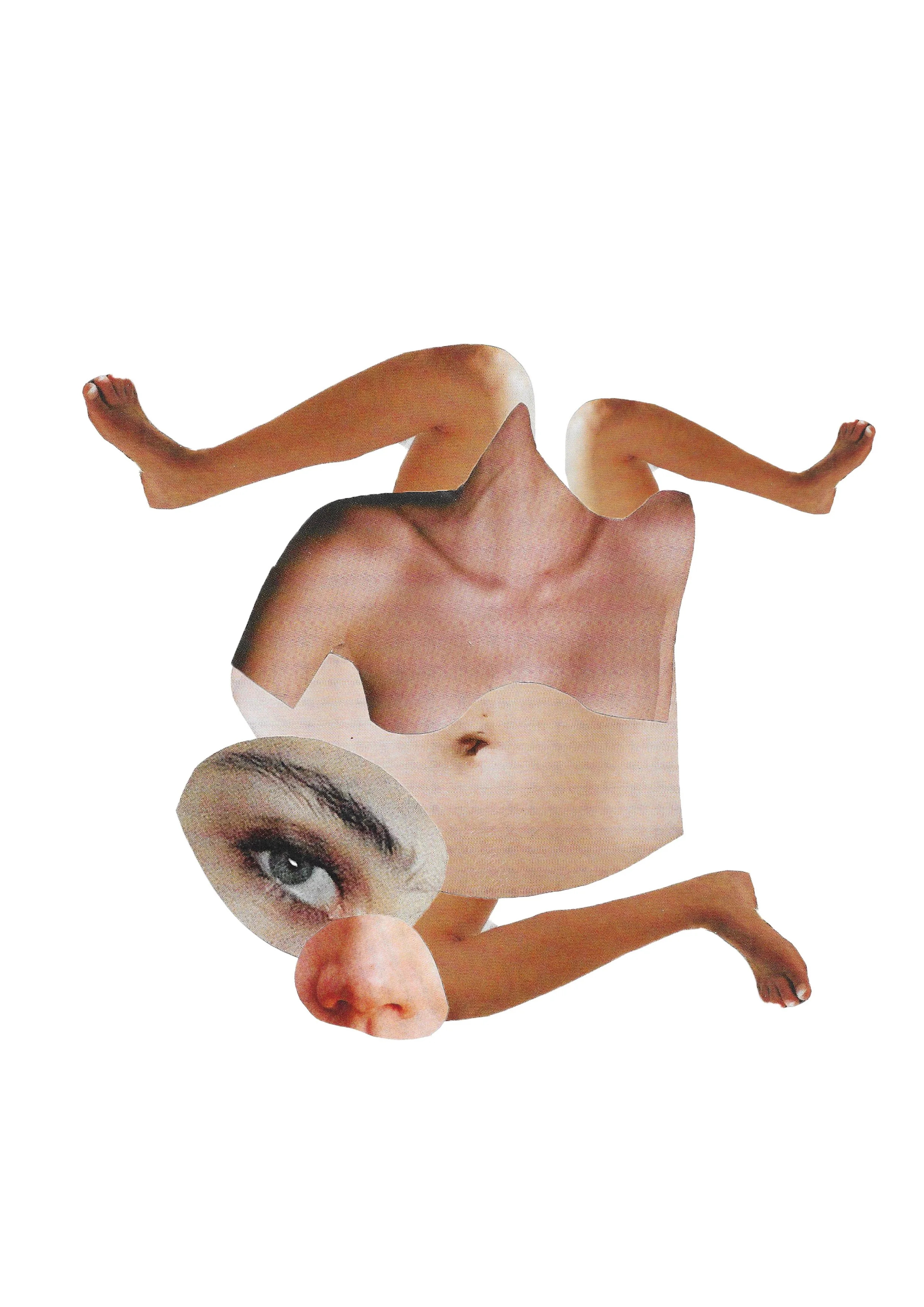 Collage of disjointed human body parts, including a hand, forearm, leg, foot, an eye, a nose, a mouth, and a face, arranged randomly against a white background.