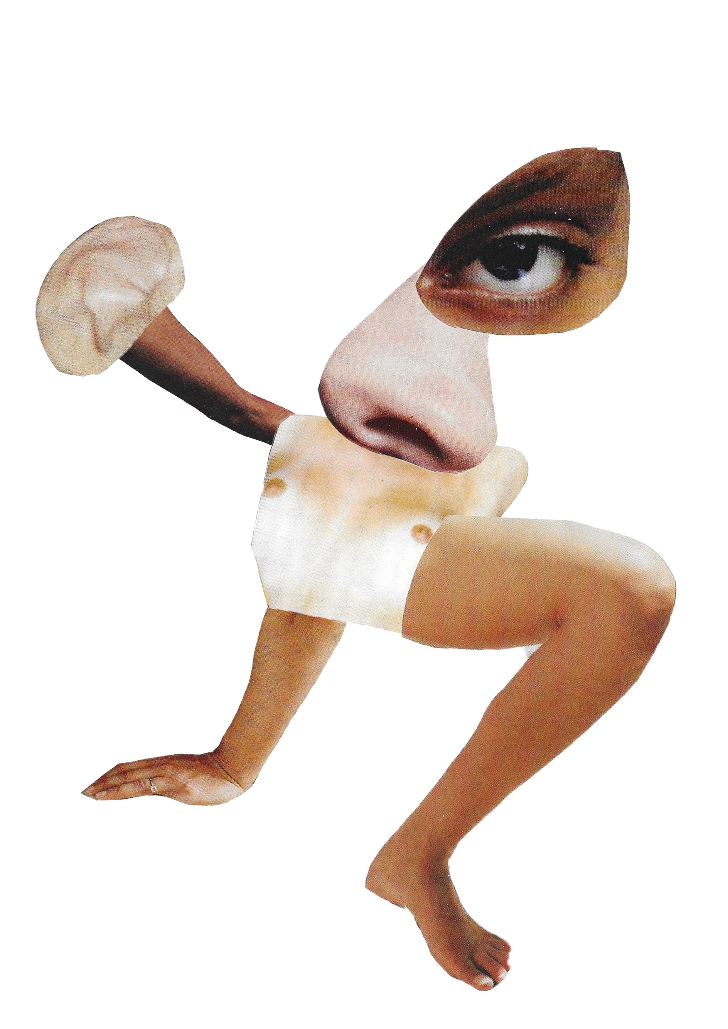 A collage of various human body parts including an eye, a nose, a finger, a hand, and parts of legs.
