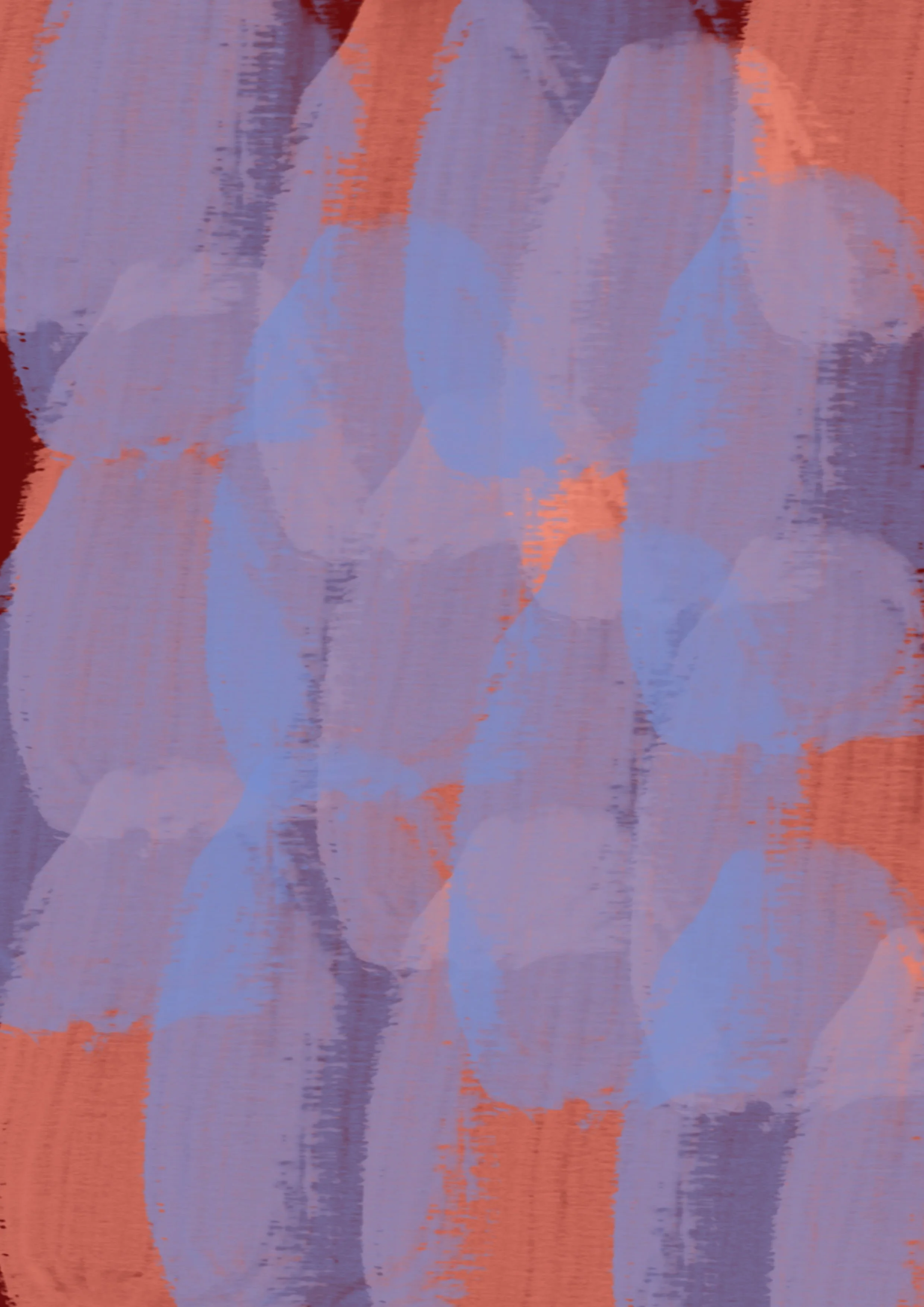 Abstract painting with purple, orange, and blue brushstrokes and textured patterns.