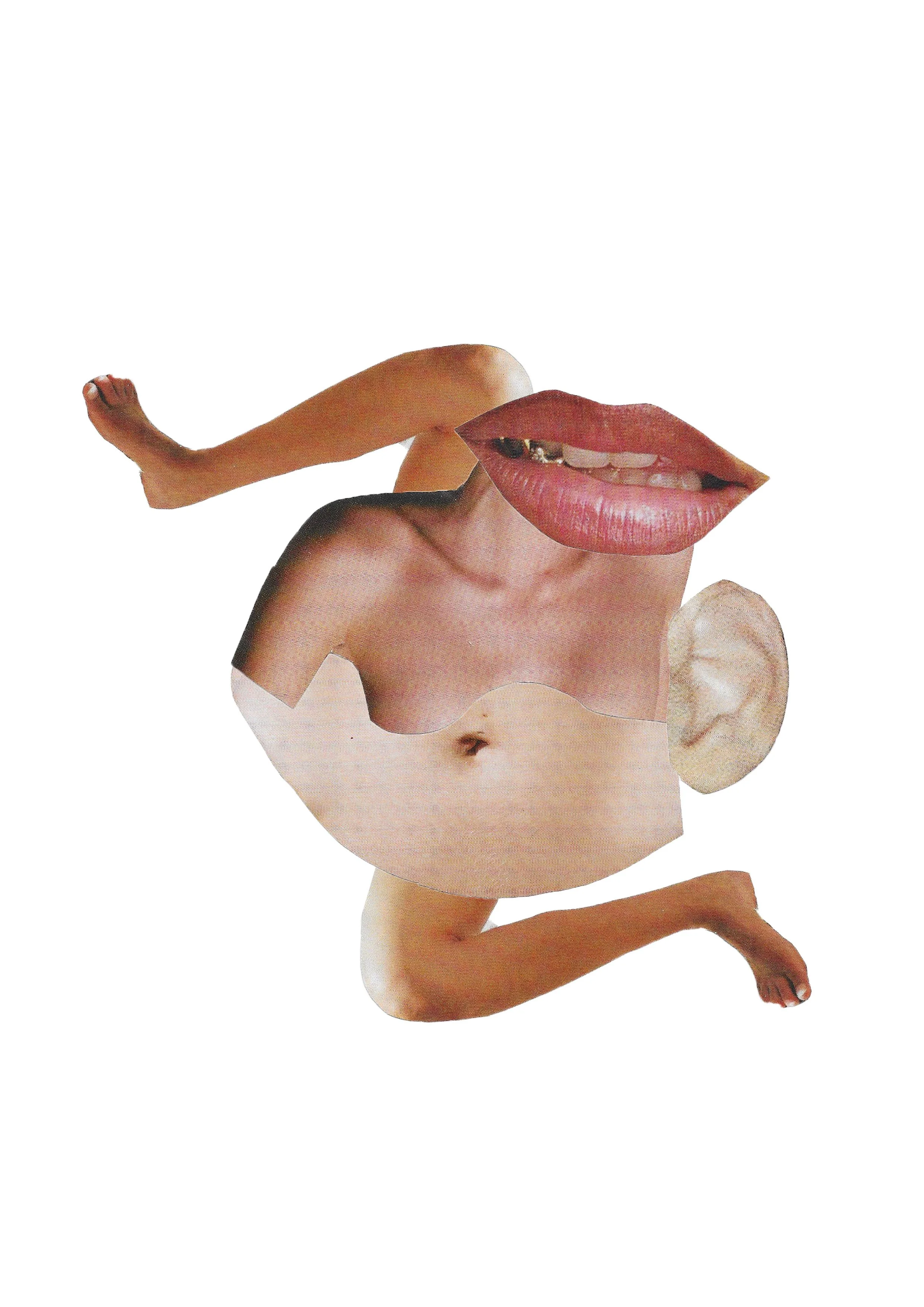Collage of a human body with a distorted face with lips and teeth, an arm, and a leg, all cut from different images and assembled in a surreal composition.