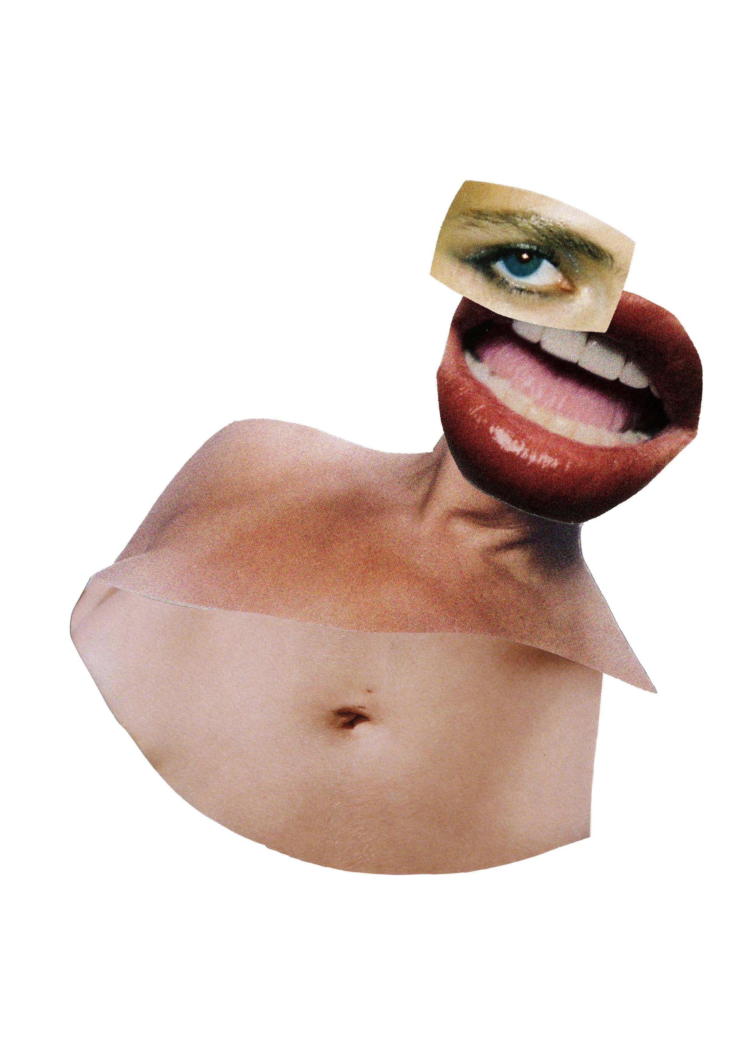 Collage of facial features and a human torso, with a single eye, mouth with teeth, and shoulder, assembled from cutouts of a photograph.