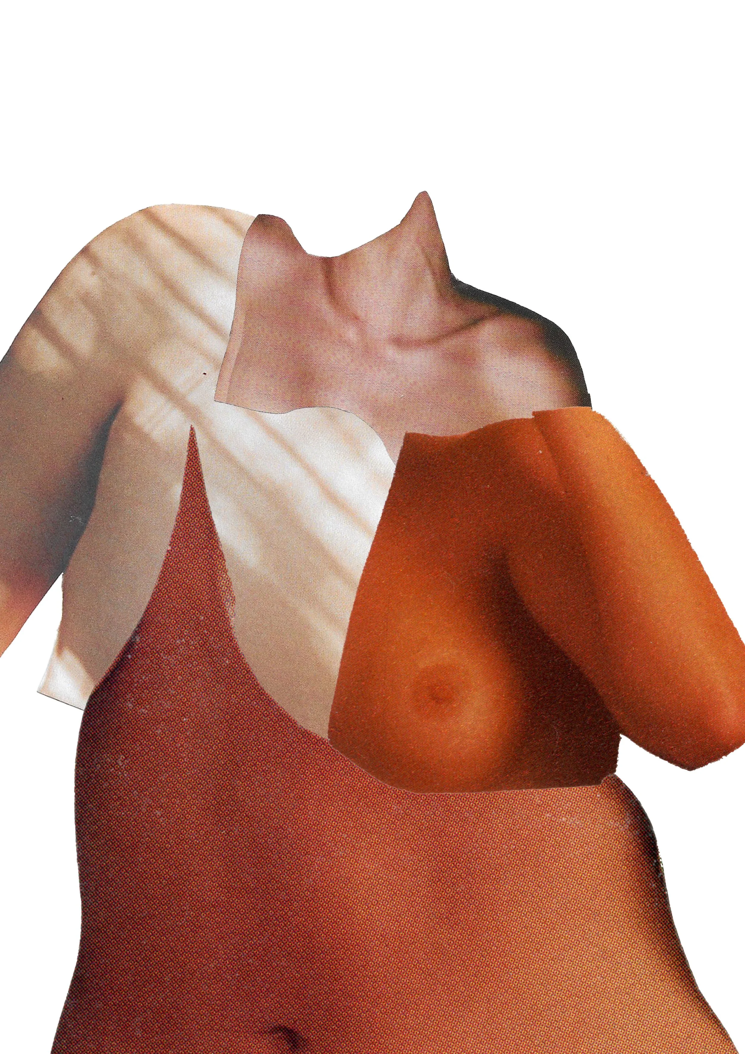 Close-up of a collage-style image featuring a woman's face with short hair, a hand, and a woman with long hair, all with their eyes closed, set against an orange-red textured background.