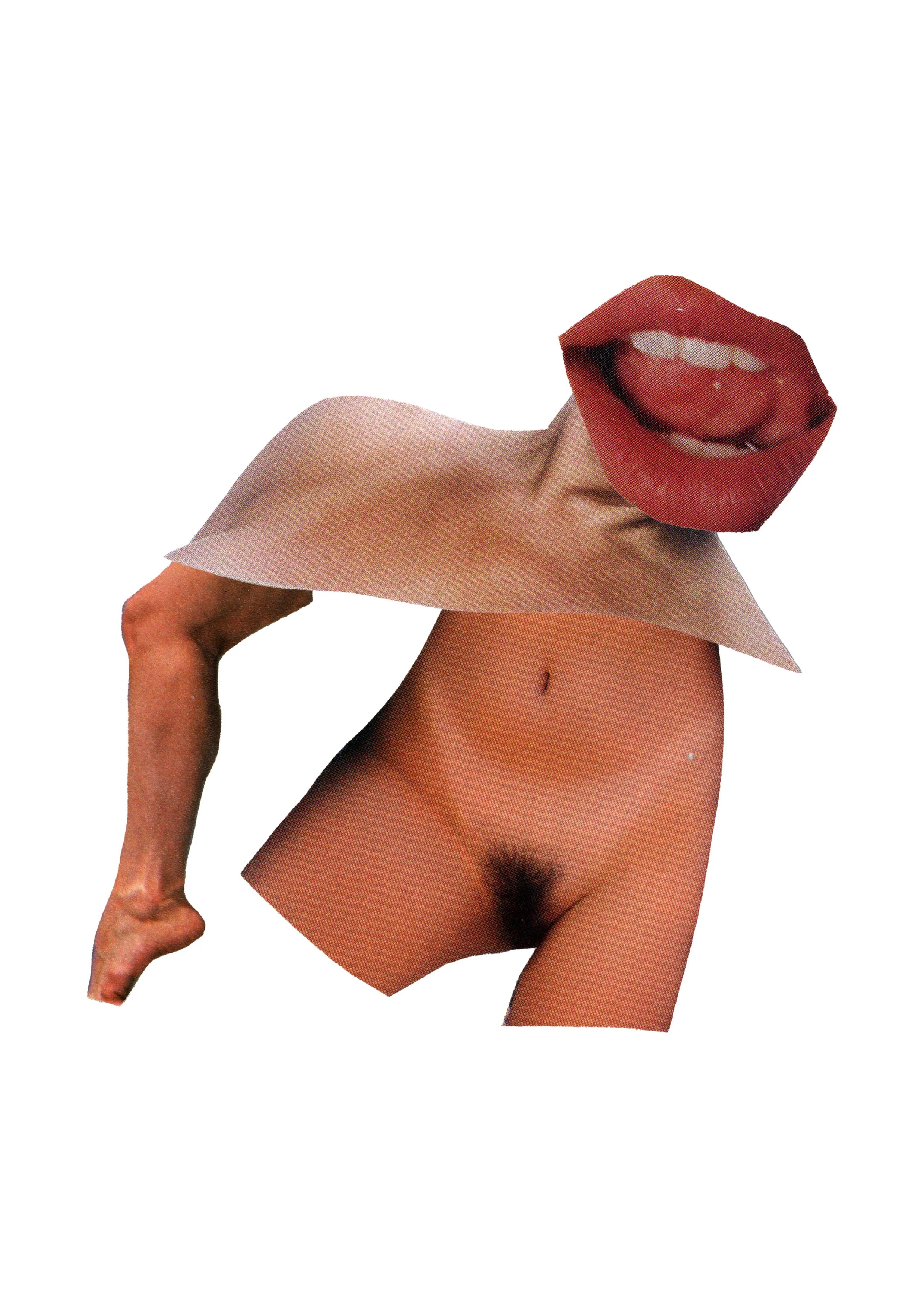 Collage of a person's body with a face replaced by a digital image of lips and tongue, surrounded by paper textures and a beige background.