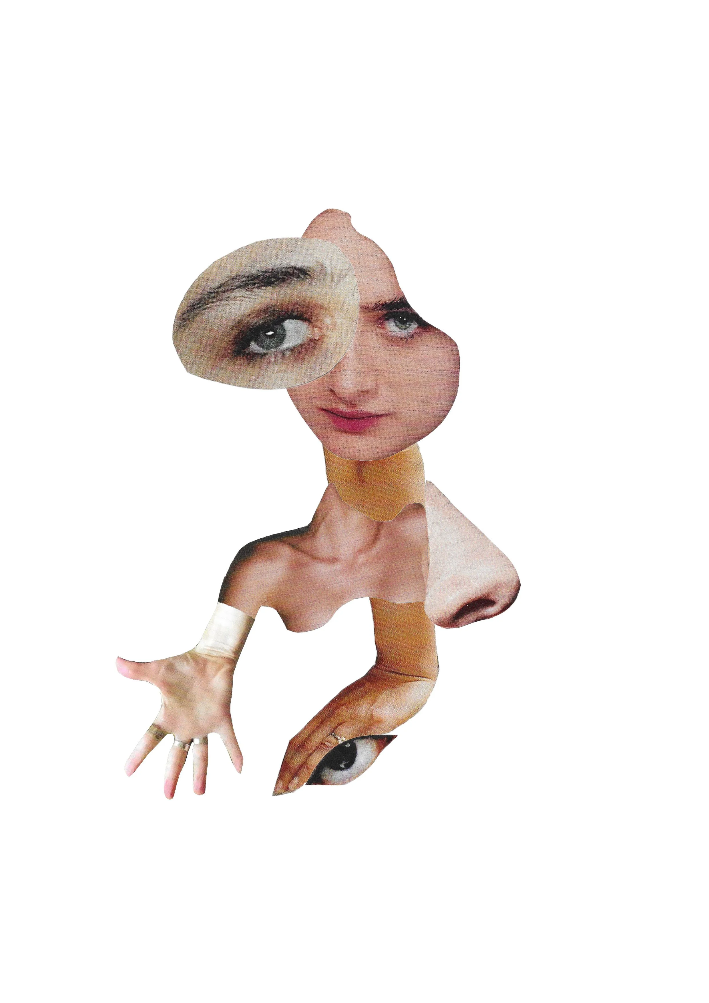 A surreal collage combining human facial features with various body parts and eyes, creating a fragmented and abstract human figure.