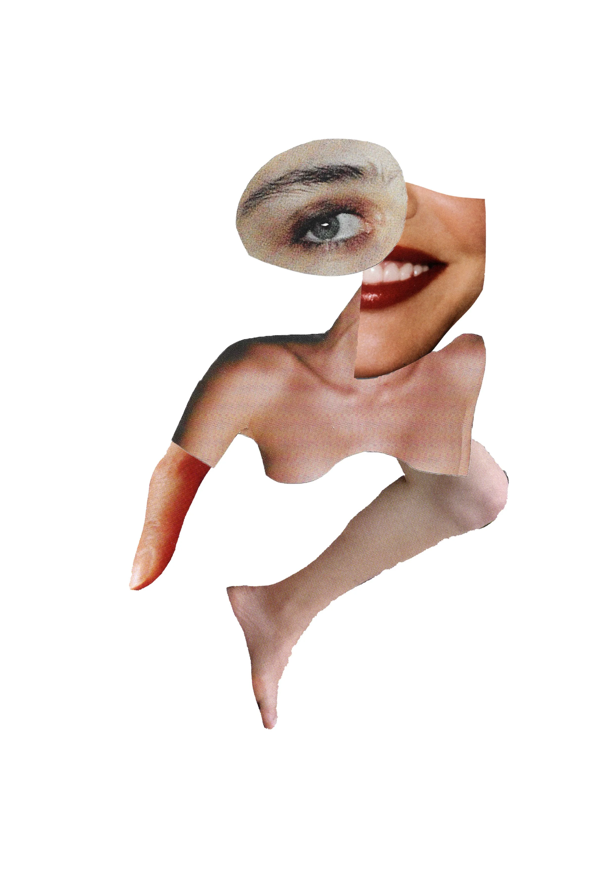 Collage of human body parts including an eye, lips, arm, and hand, arranged in a surreal composition.