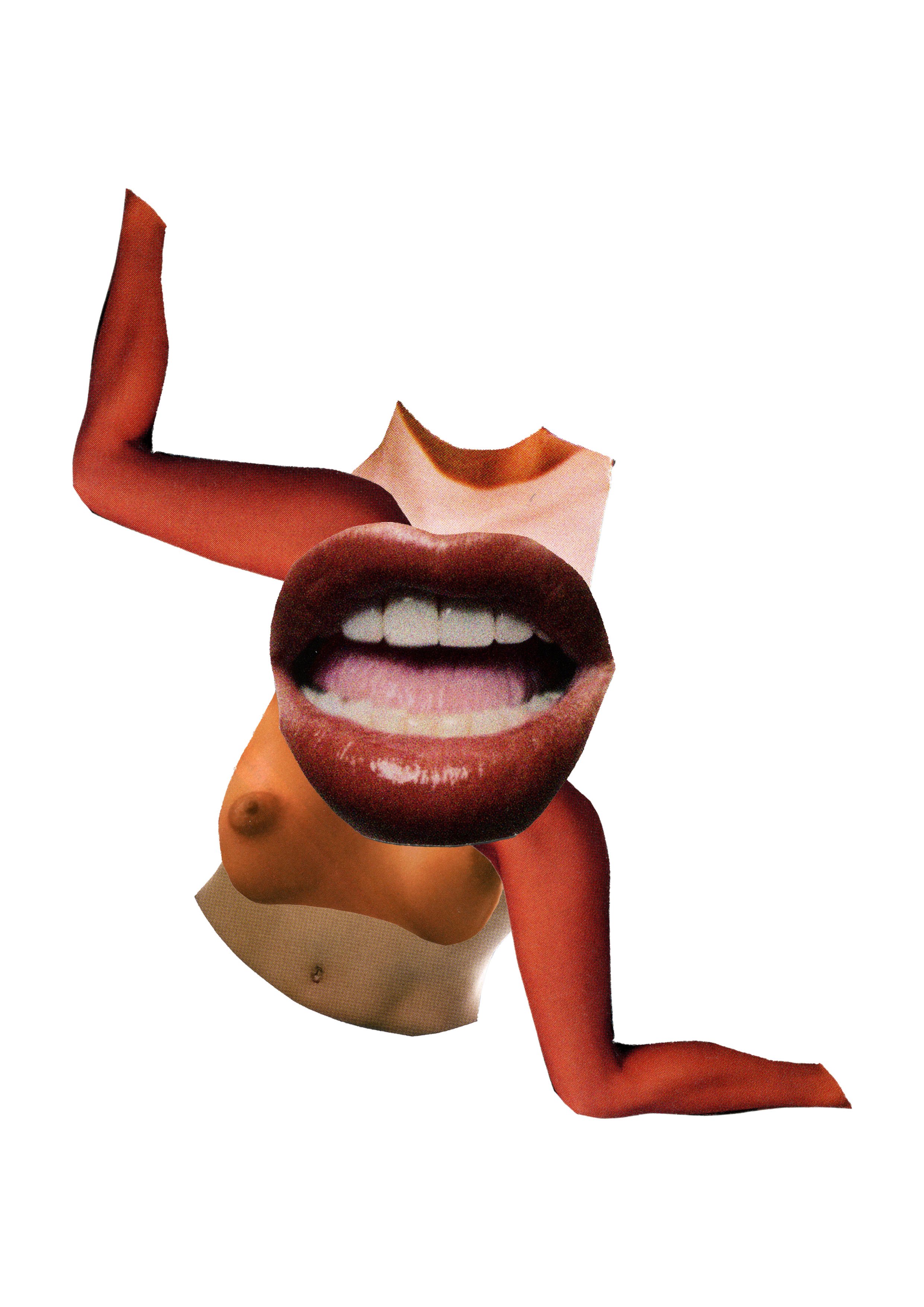 Collage of a face with lips and teeth, a nose, and a body with a belly button, with arms and legs, created from cutouts of faces, lips, noses, and limbs.