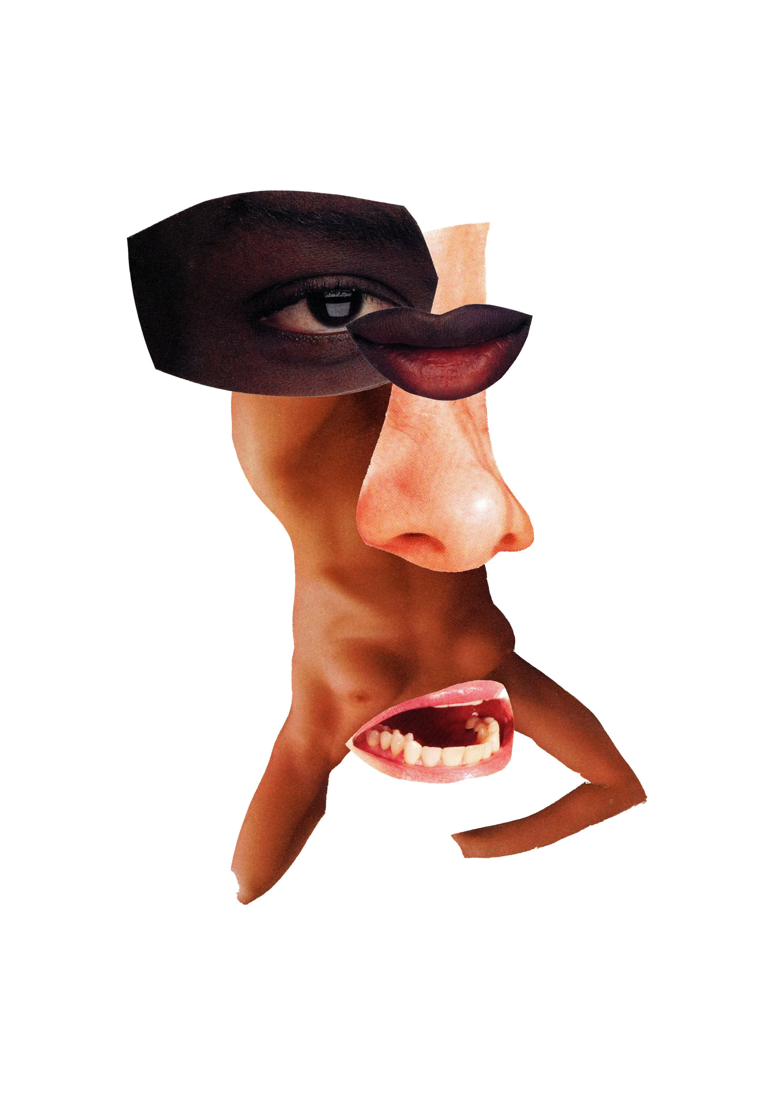 Collage of human facial features including an eye, lips, nose, and teeth arranged in a surreal manner on a white background.