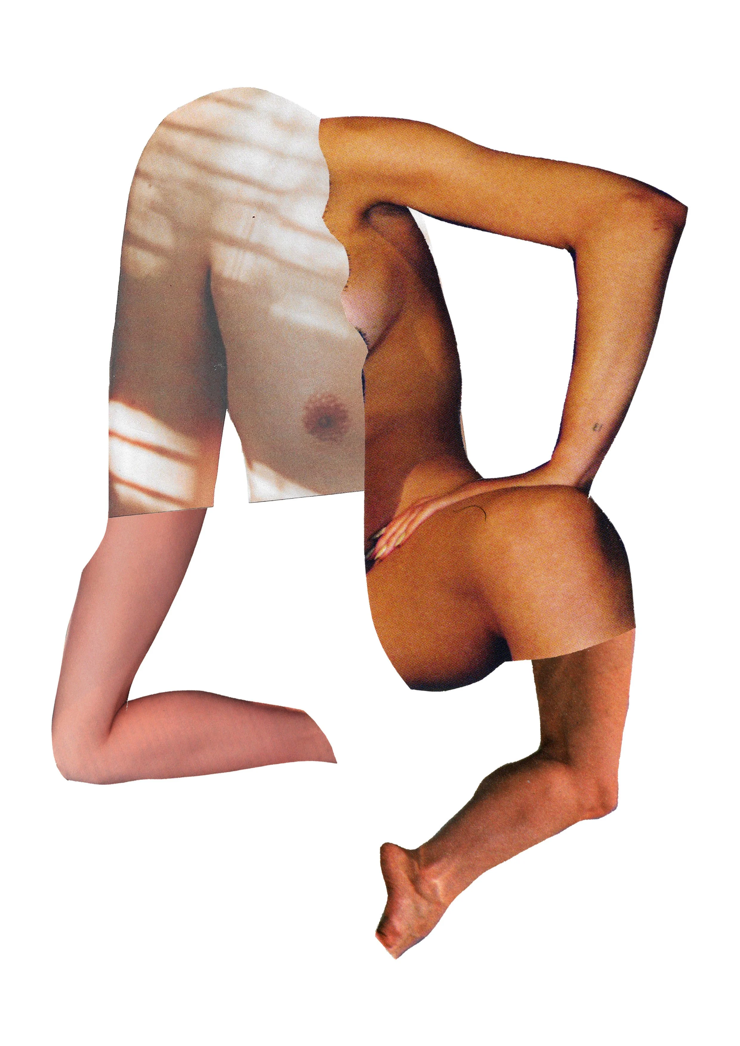 Collage of nude human body parts including an arm, hand, torso, leg, and foot arranged abstractly on a white background.