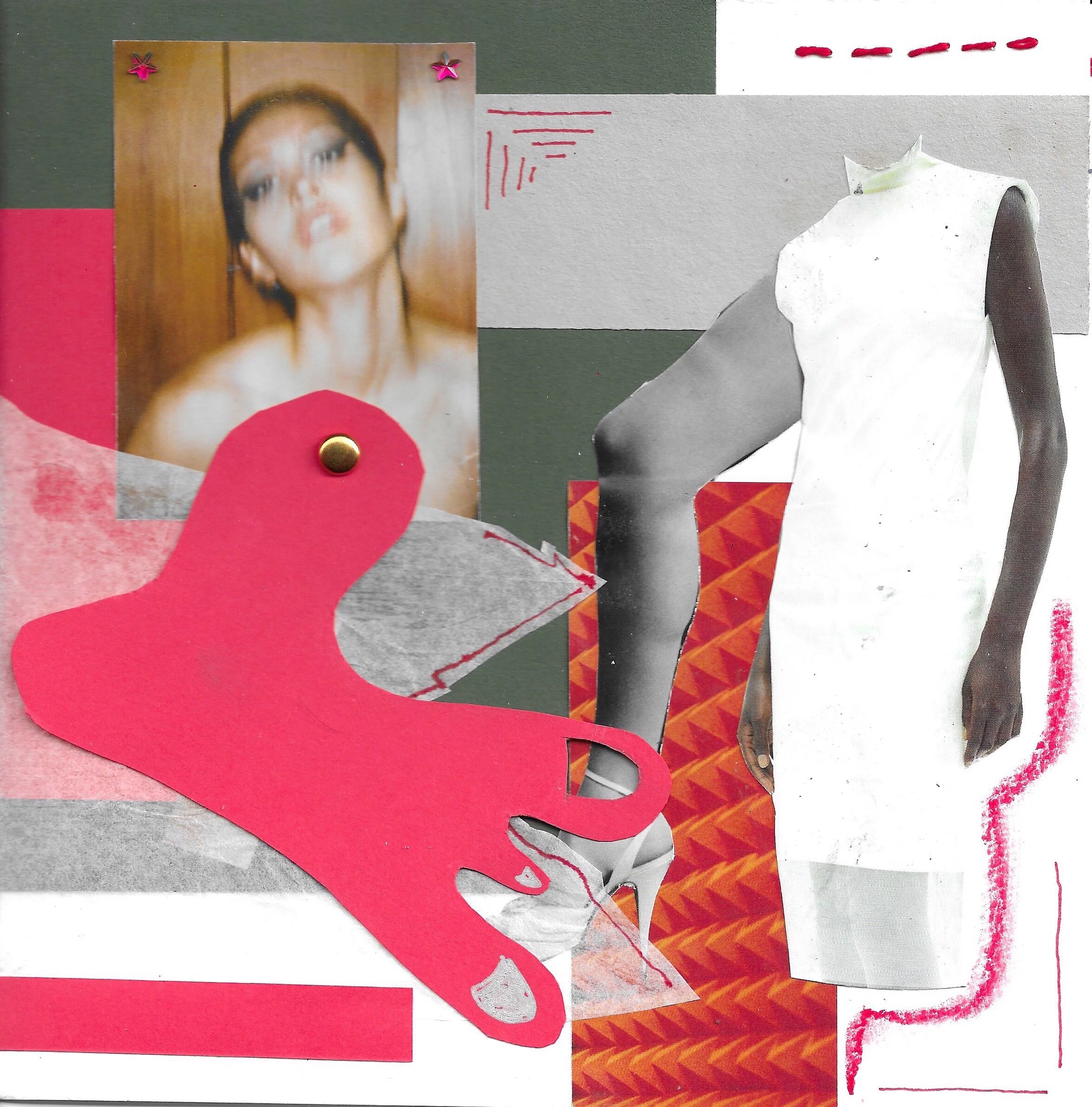 Collage of mixed media artwork, including a blurred portrait of a woman with dark hair, a white paper cutout of a female figure, and various textured and colored paper elements in red, gray, and orange.