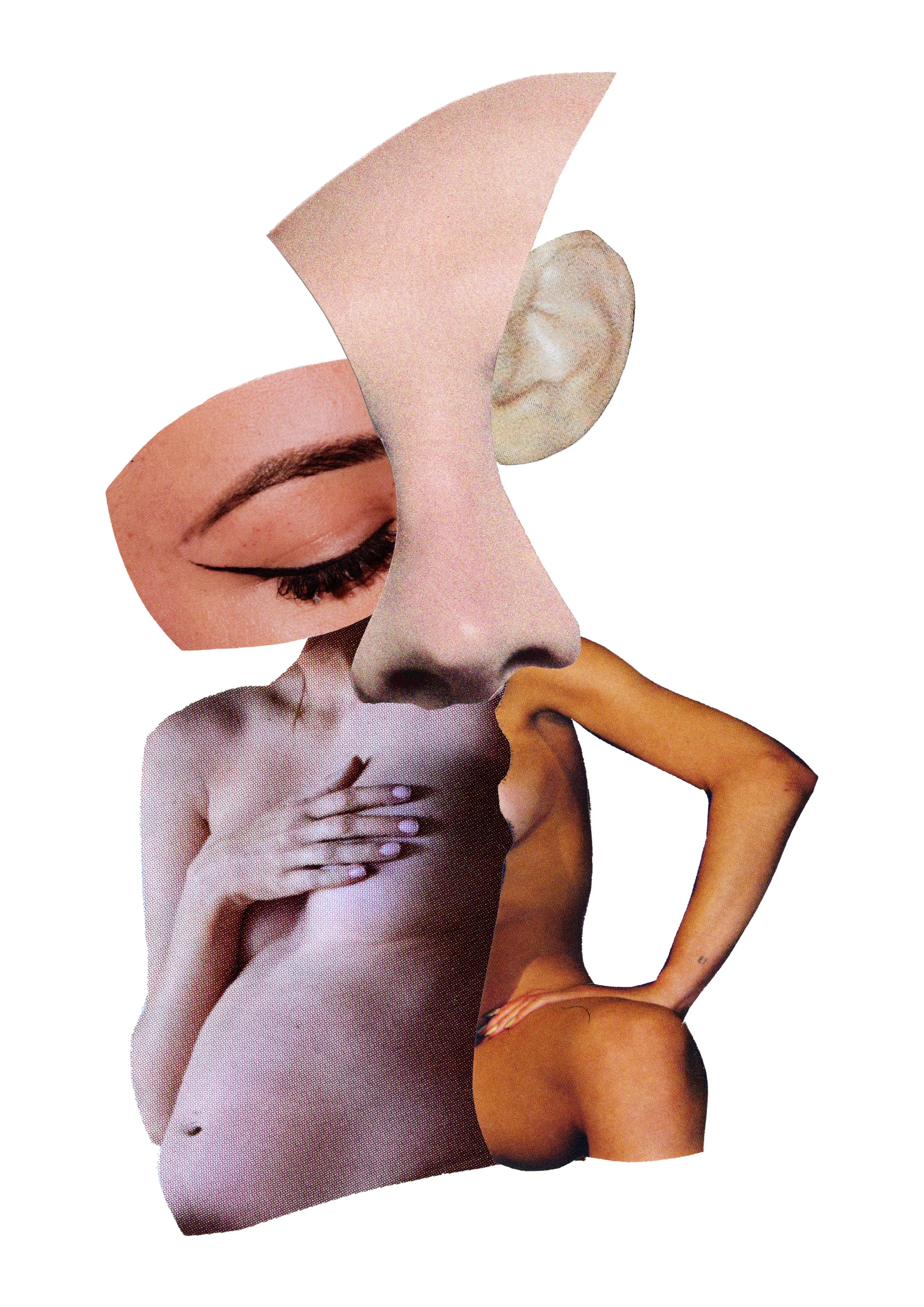 Collage of a woman with closed eye makeup, a split nose, and a partial arm, created by overlapping cutouts of various skin tones, textures, and facial features.