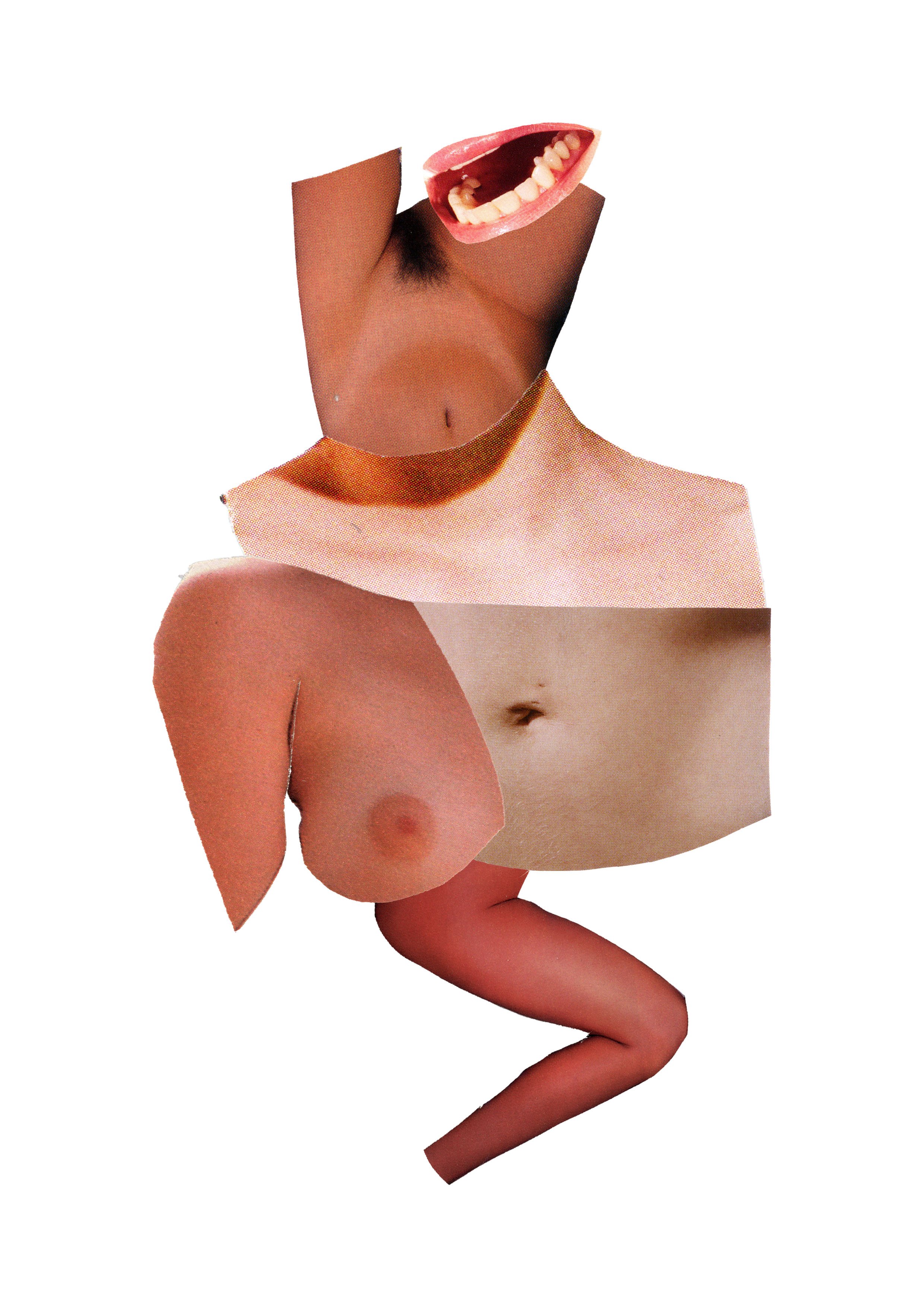 A collage of various body parts including a mouth with teeth, a torso, an arm, and a leg, arranged in a surreal manner.