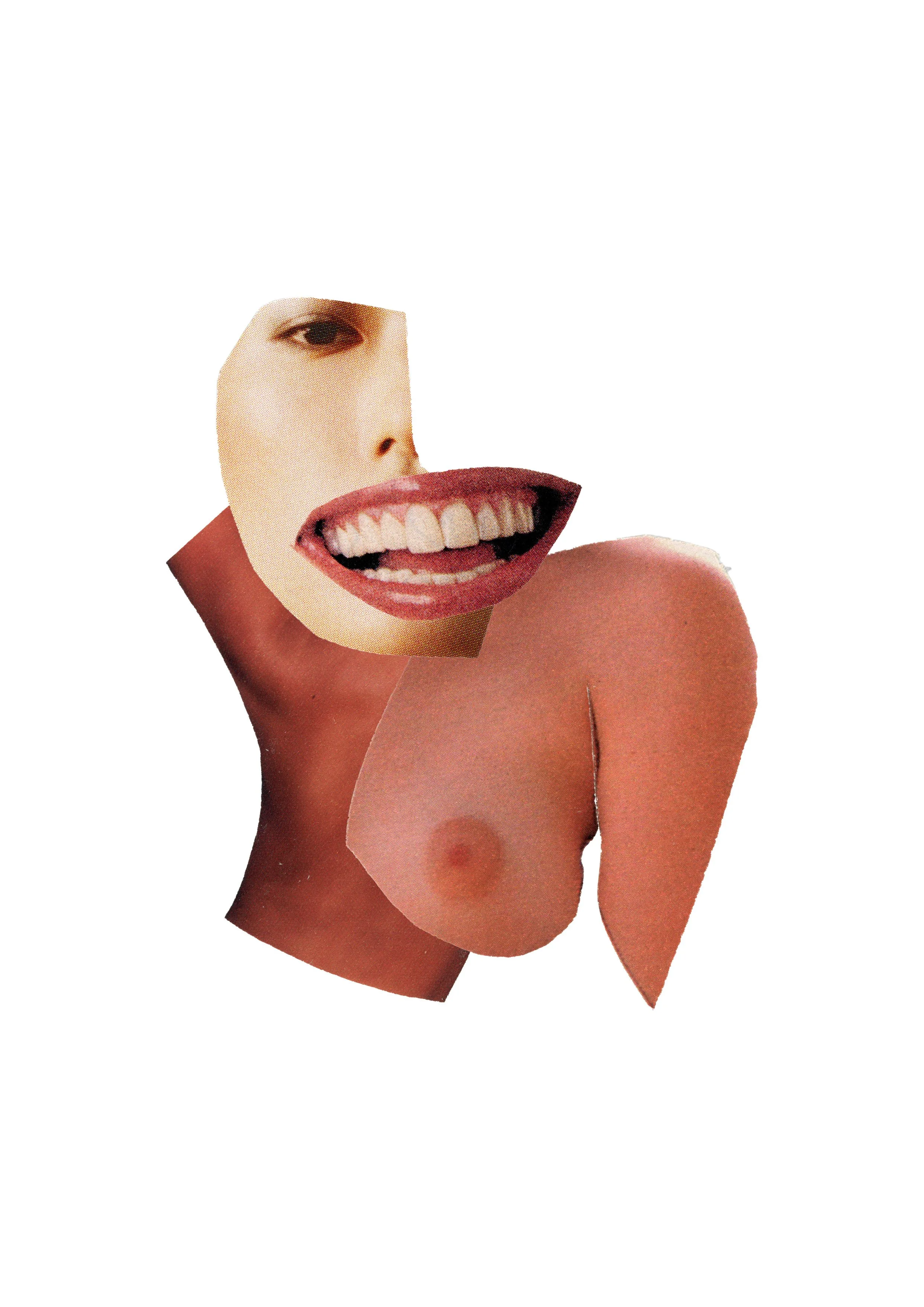 Collage of a human face with a big smile, eye, nose, and lips, combined with parts of a human body, all arranged on a white background.