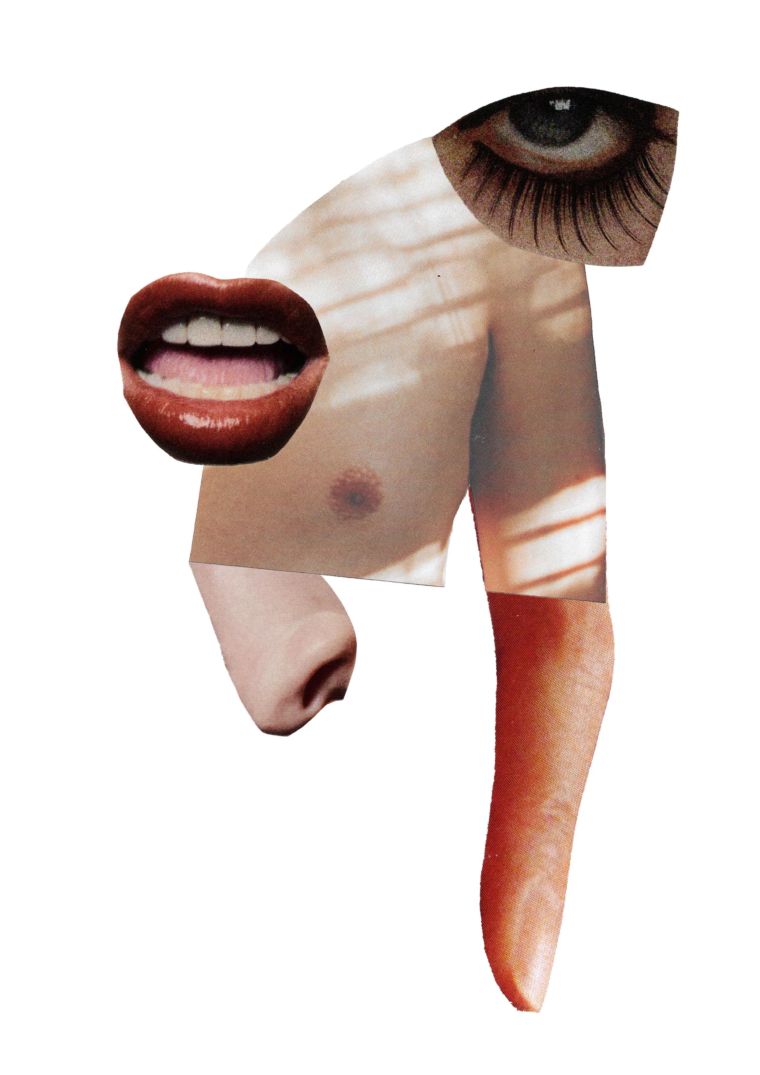 Collage of facial features including an eye, lips, and fingers, assembled in a surreal manner against a white background.