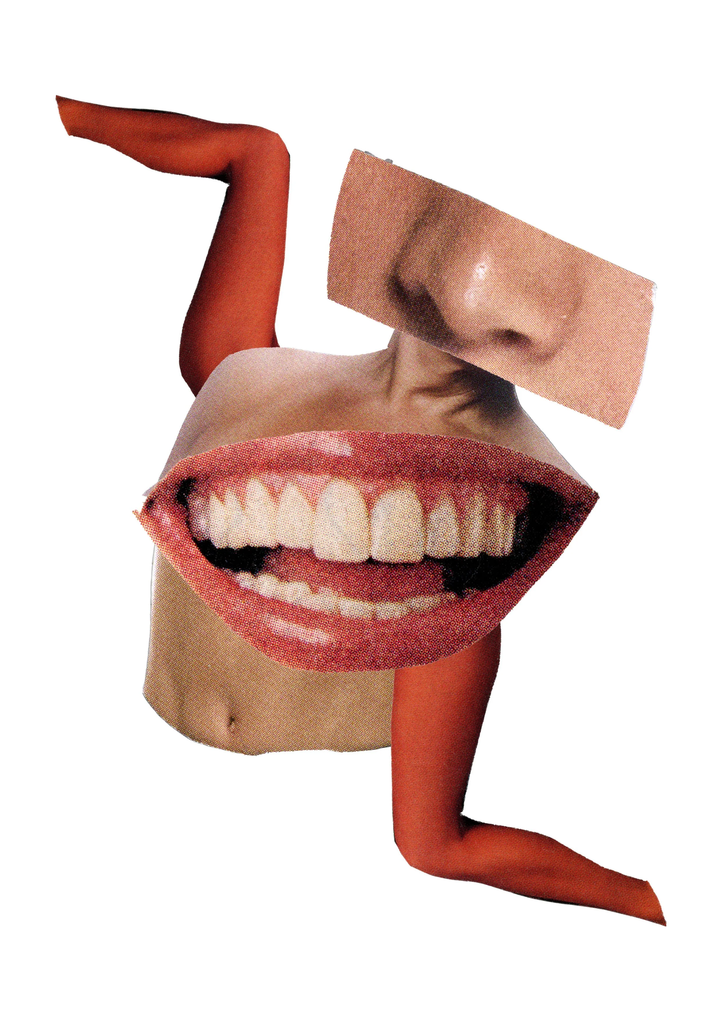 Collage of a woman's body with facial features and limbs made from cutouts of lips, teeth, nose, and eye, combined with a section of red fabric or skin.
