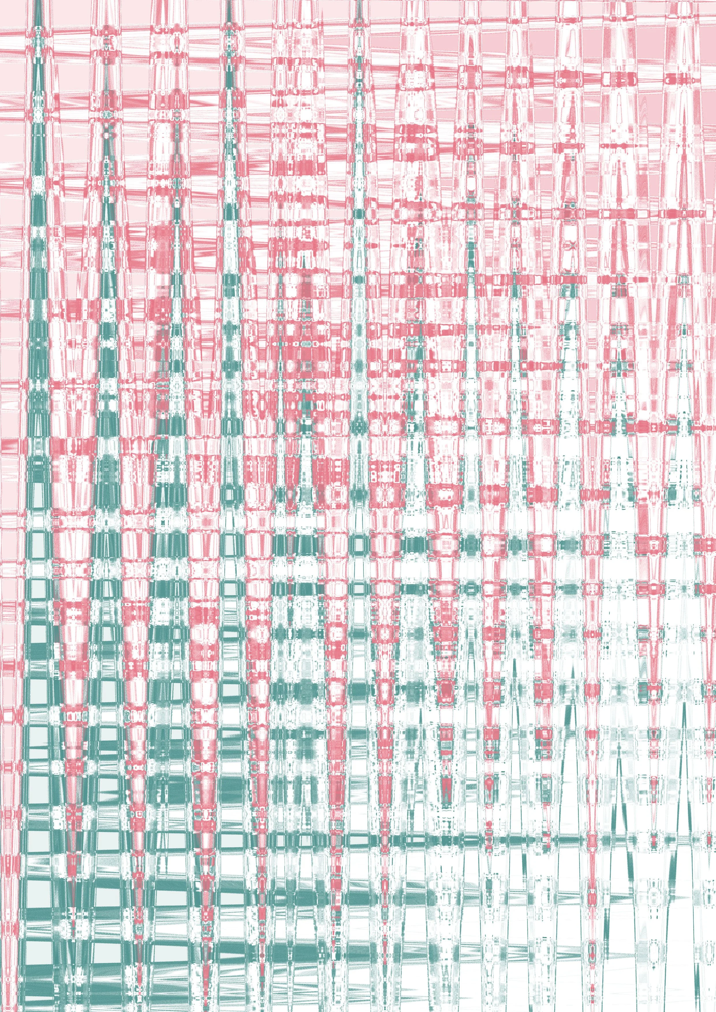 Abstract pattern with vertical and horizontal lines in pink, white, and teal colors creating a complex woven or plaid-like design.