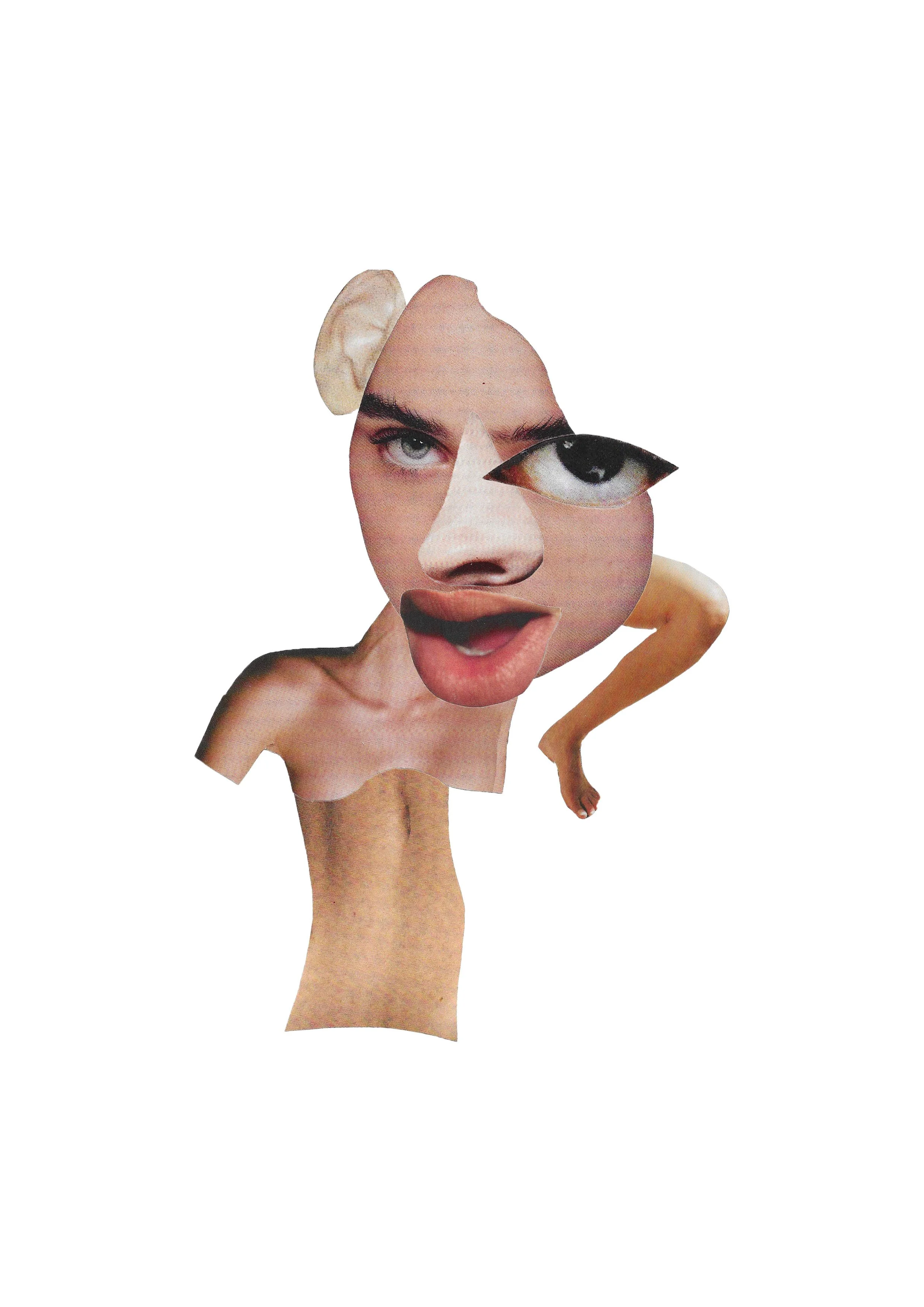 Collage of a woman's face with a large eye, a nose, and lips, combined with images of a hand, a leg, and other facial features, creating a surreal, artistic composition.