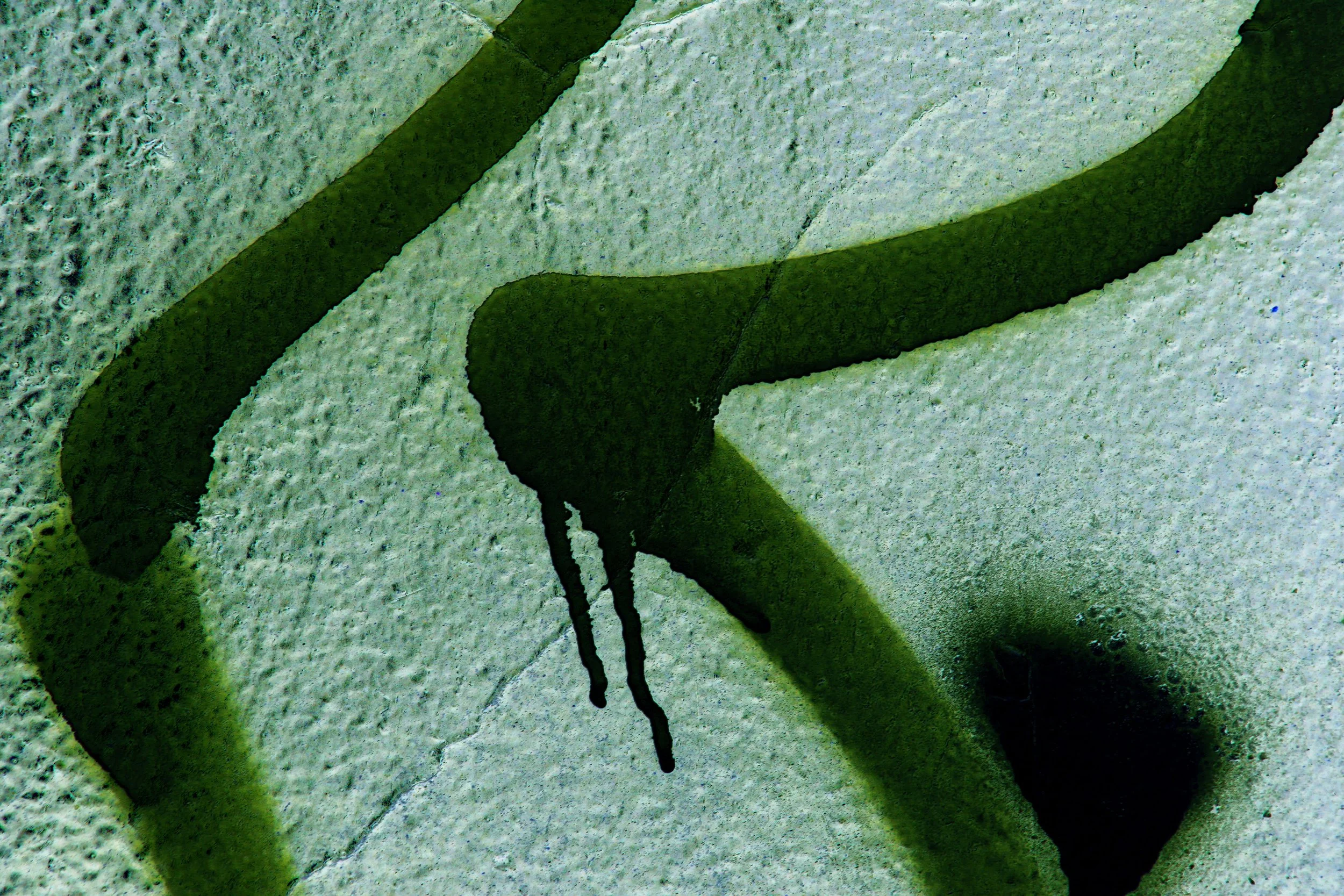 Close-up of a painted wall with green and white colors with black drips of paint.