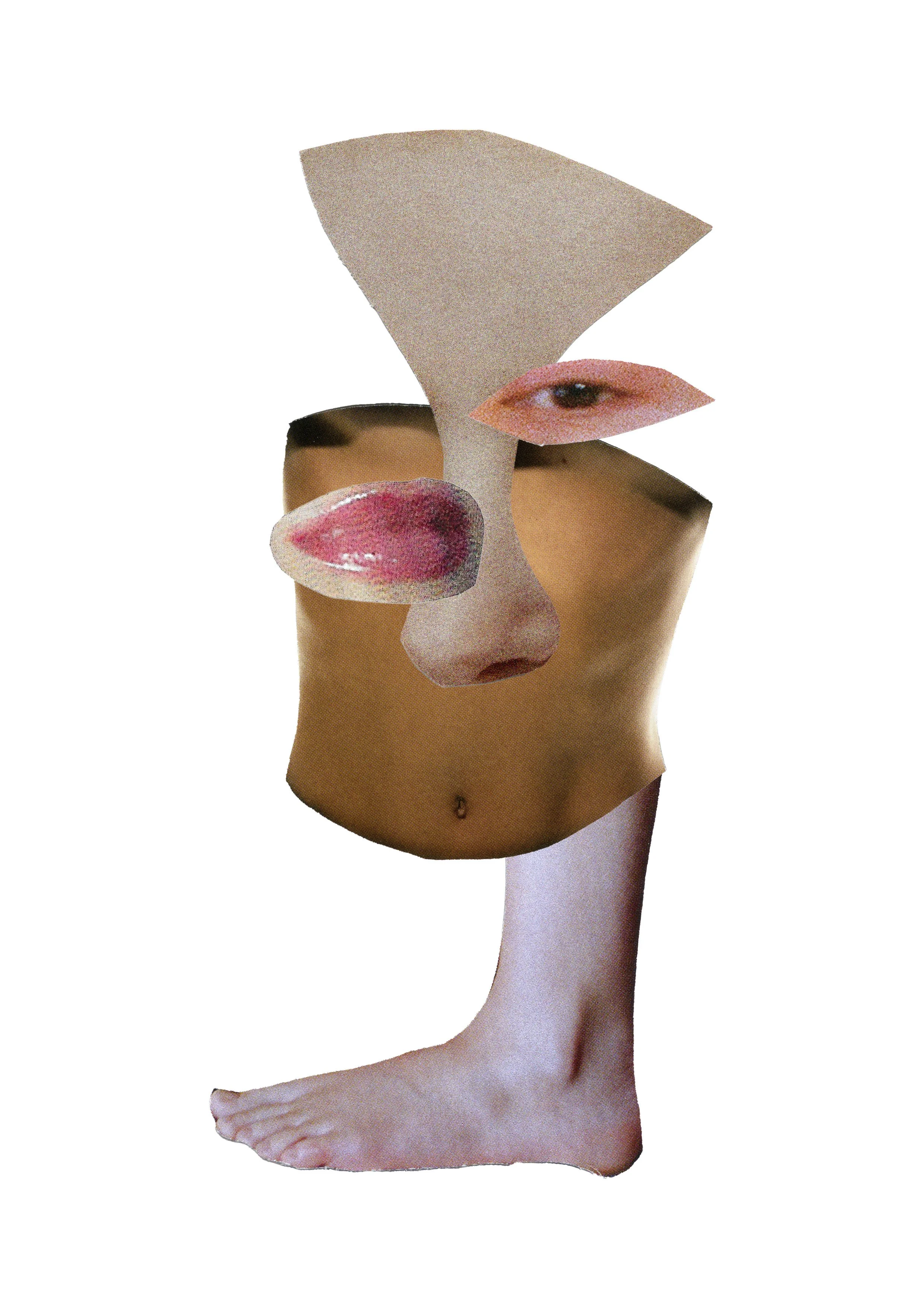 Collage of human body parts, including lips, eyes, and torso, arranged abstractly.