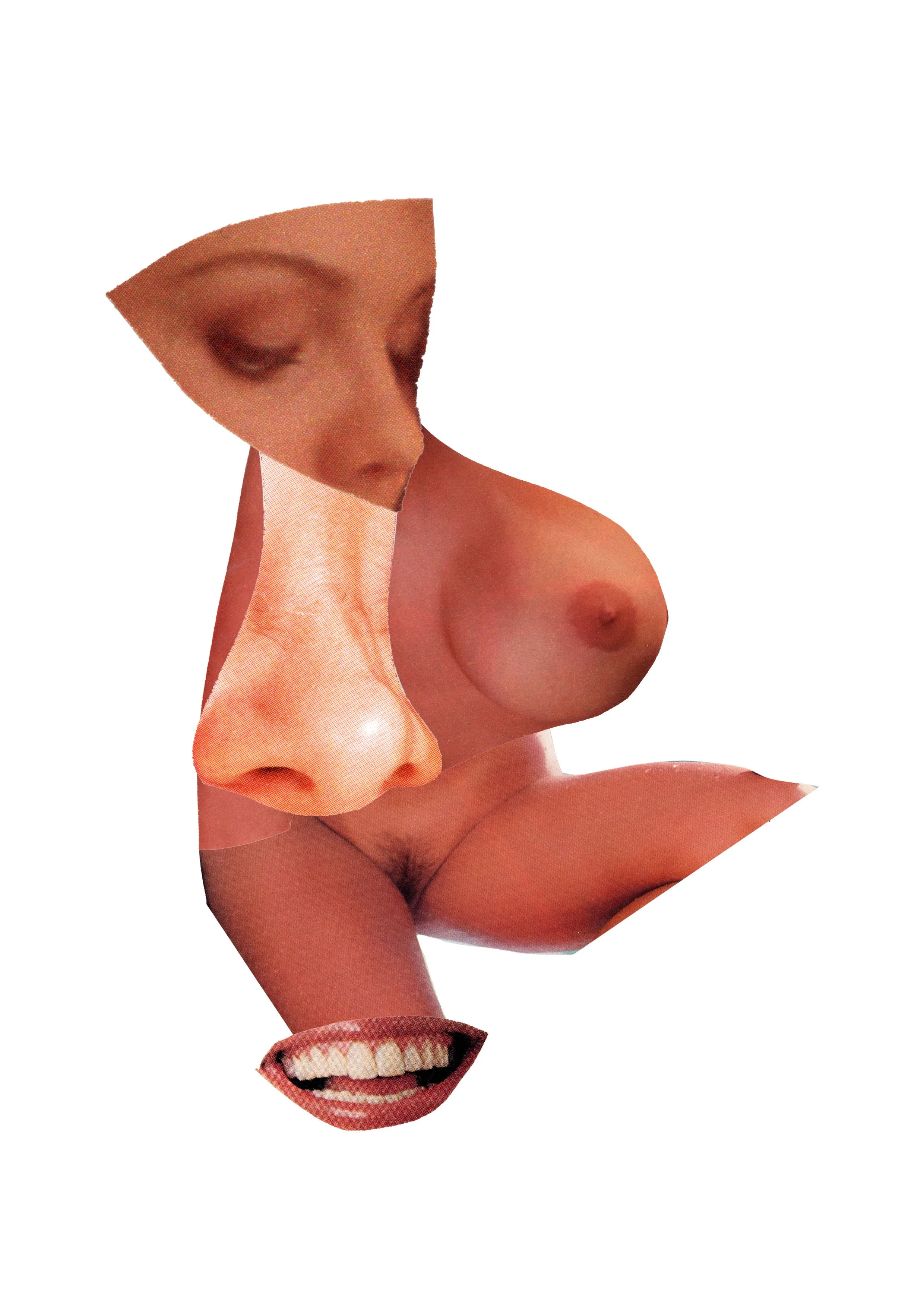 Collage of facial features, including eyes, nose, mouth, and teeth, arranged in an abstract manner.