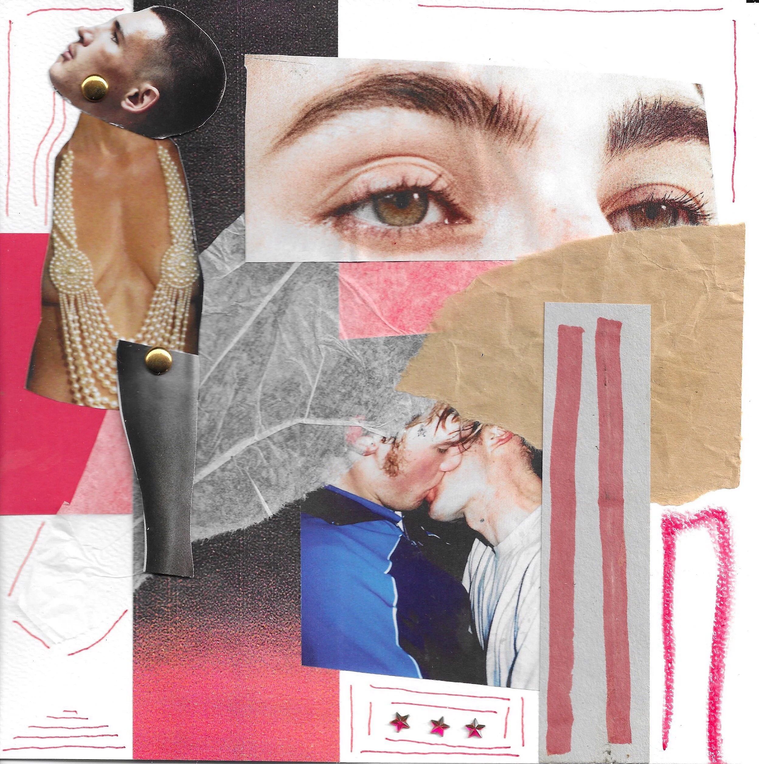 Collage of cut-out magazine photos, including a woman with short hair and earrings, a close-up of a woman's eye, a woman with curly hair in a blue jacket, and red and pink design elements.
