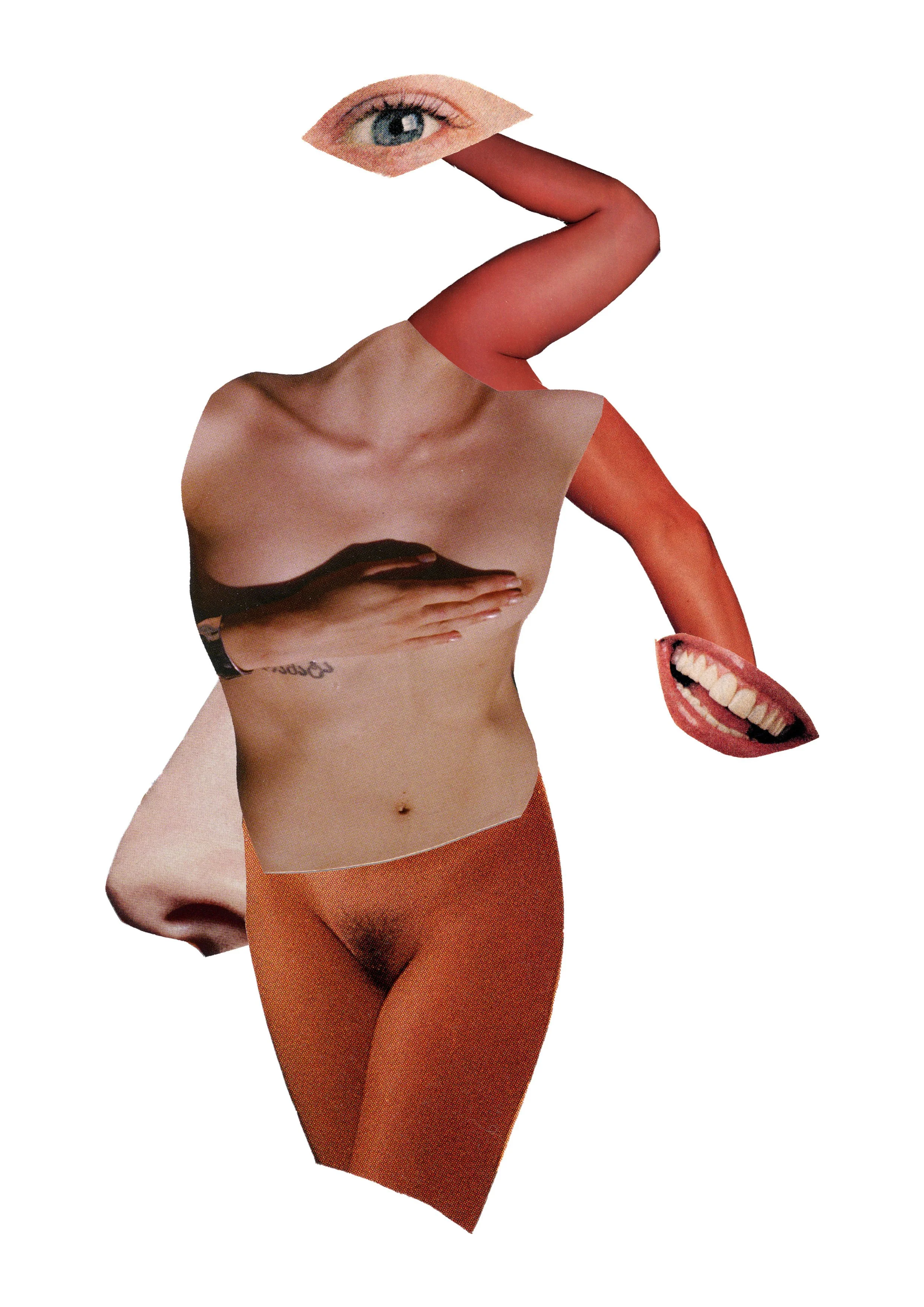 A surreal collage of a woman's body with a human eye head, a mouth with teeth, and a torso with tattoos, set against a plain white background.