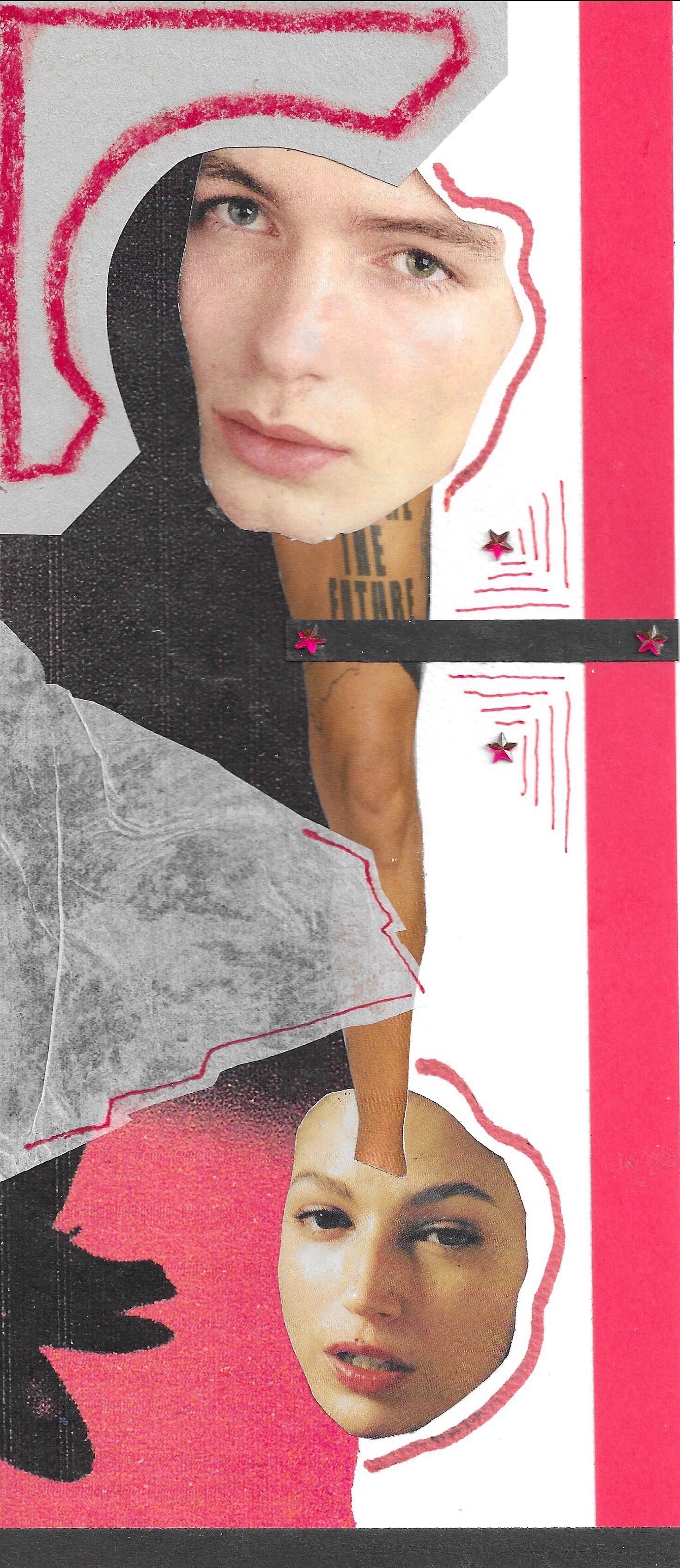 Collage featuring two women's faces with pop art elements, torn paper effects, and decorative details.